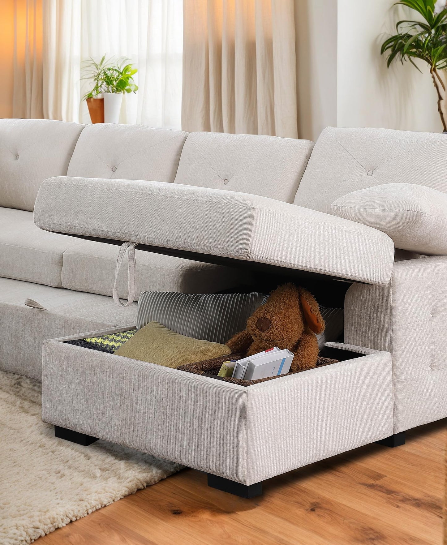 ERYE U-Shaped Pull Out Sleeper Couch Bed, Modern Chenille Upholstered Button Tufted Corner Couch Right Facing Sectional Sleeper Sofa Bed W/Storage Chaise and 2 Pillows