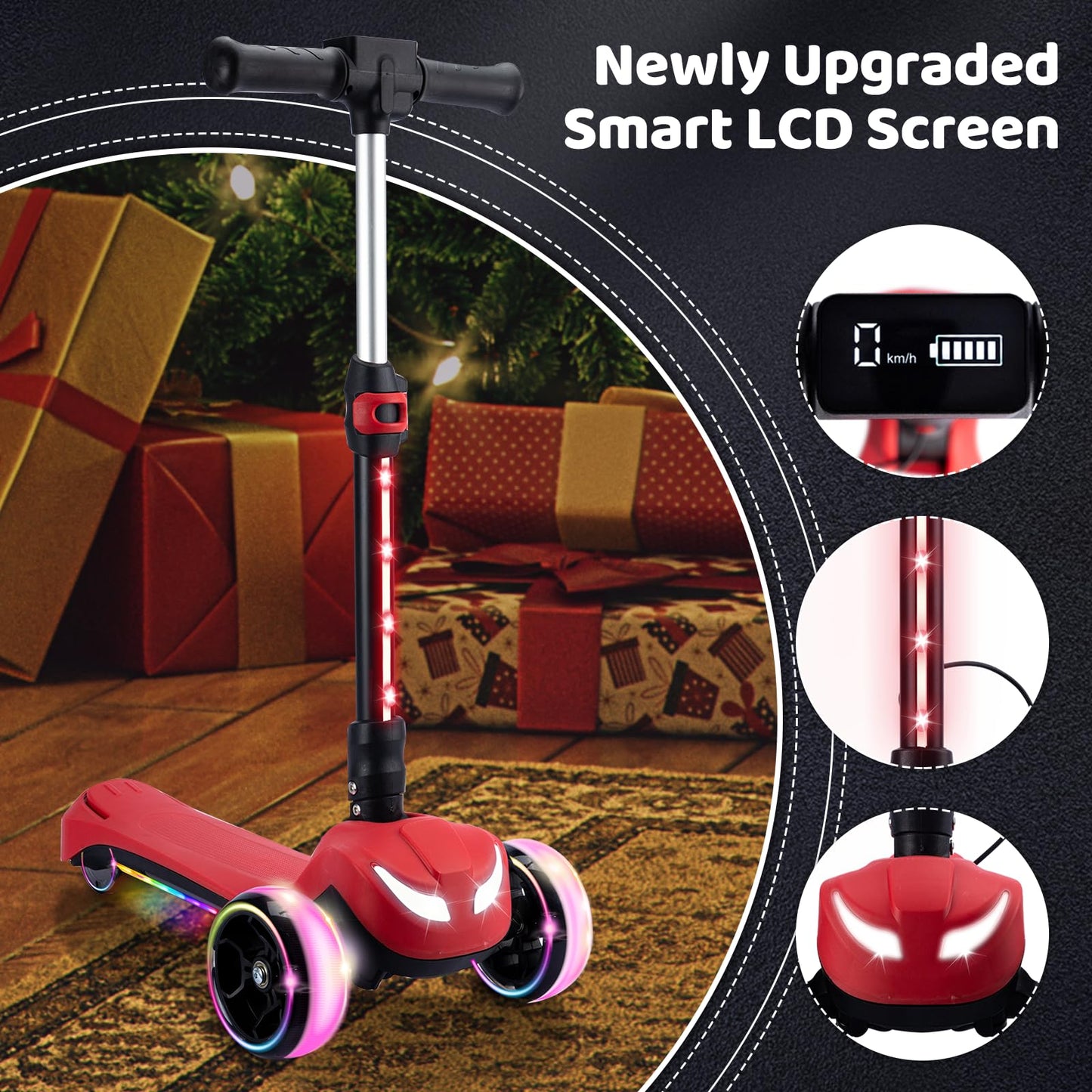 Kids Electric Scooter w/LCD Screen, Bluetooth Music, Light-Up Stem Deck & Wheels, Thumb Throttle, 3 Adjustable Heights, 150W Powerful Motor, Foldable 3 Wheel Electric Scooter for Kids Boys Girls, Red