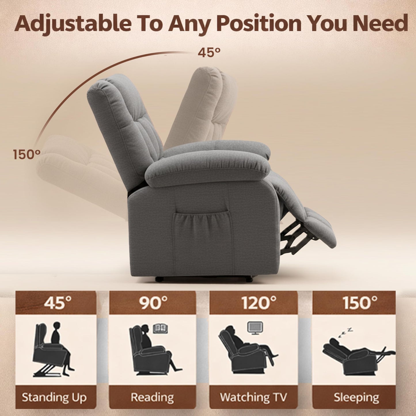 HealSmart Power Lift Recliner Chair with Massage & Heat, Overstuffed Fabric Reclining Chair with Remote, Side Pockets for Living Room & Bedroom, Grey