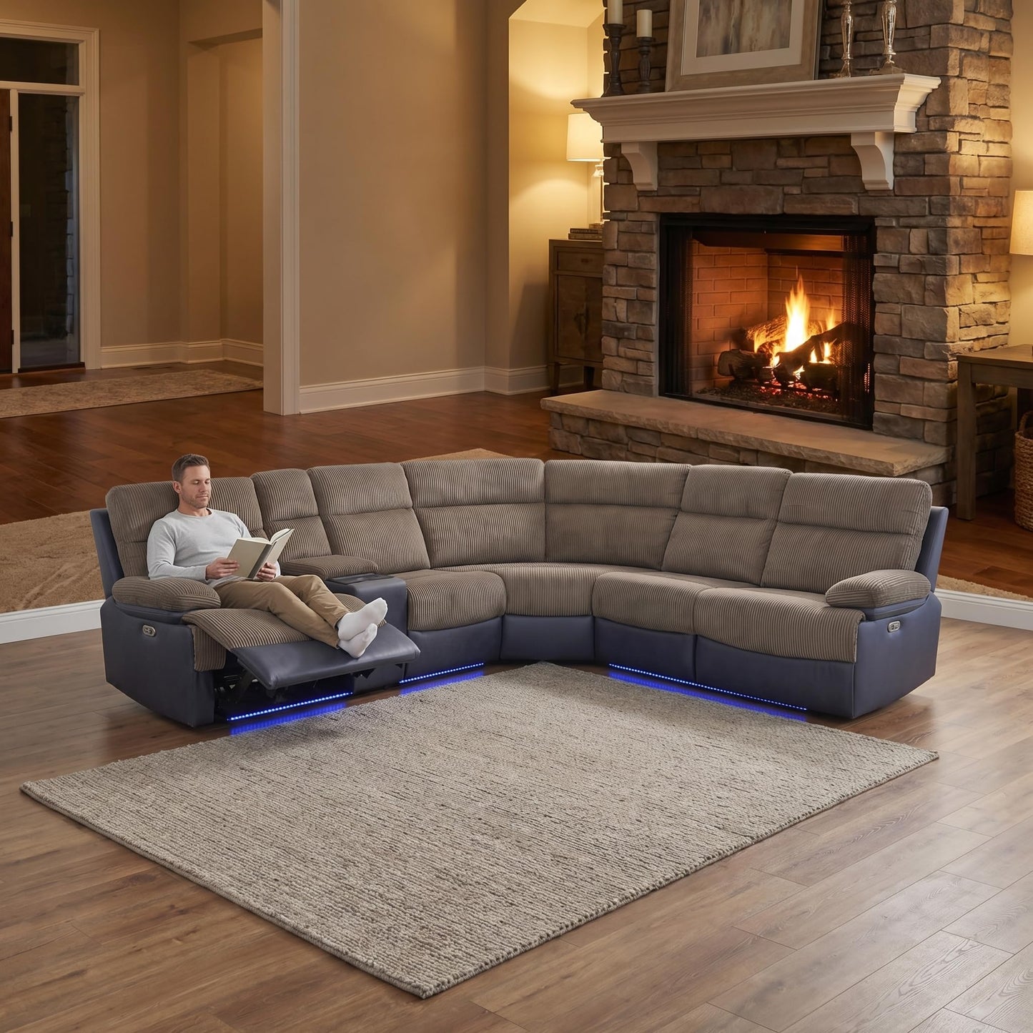 Trygoal Power Reclining Sectional Sofa Set, Modern L-Shaped Couch with Recliner, 4 Seat Power Reclining Sofa, Reclining Sectional Couches for Living Room, Home, Office, Corduroy, Brown