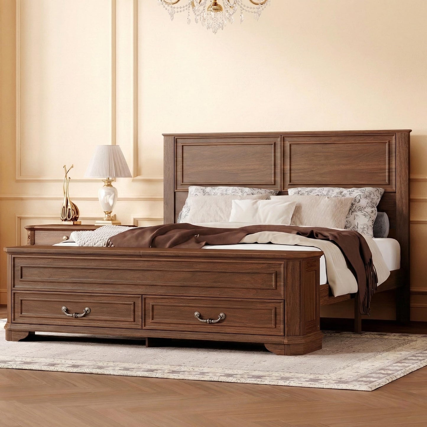KEIKI Queen Size Farmhouse Style Bed Frame with Storage Bench, 2 Drawers & Lift-Top Compartments, Solid Wood Platform Bed with High Panel Headboard, Under-Bed Storage, No Box Spring Needed, Walnut