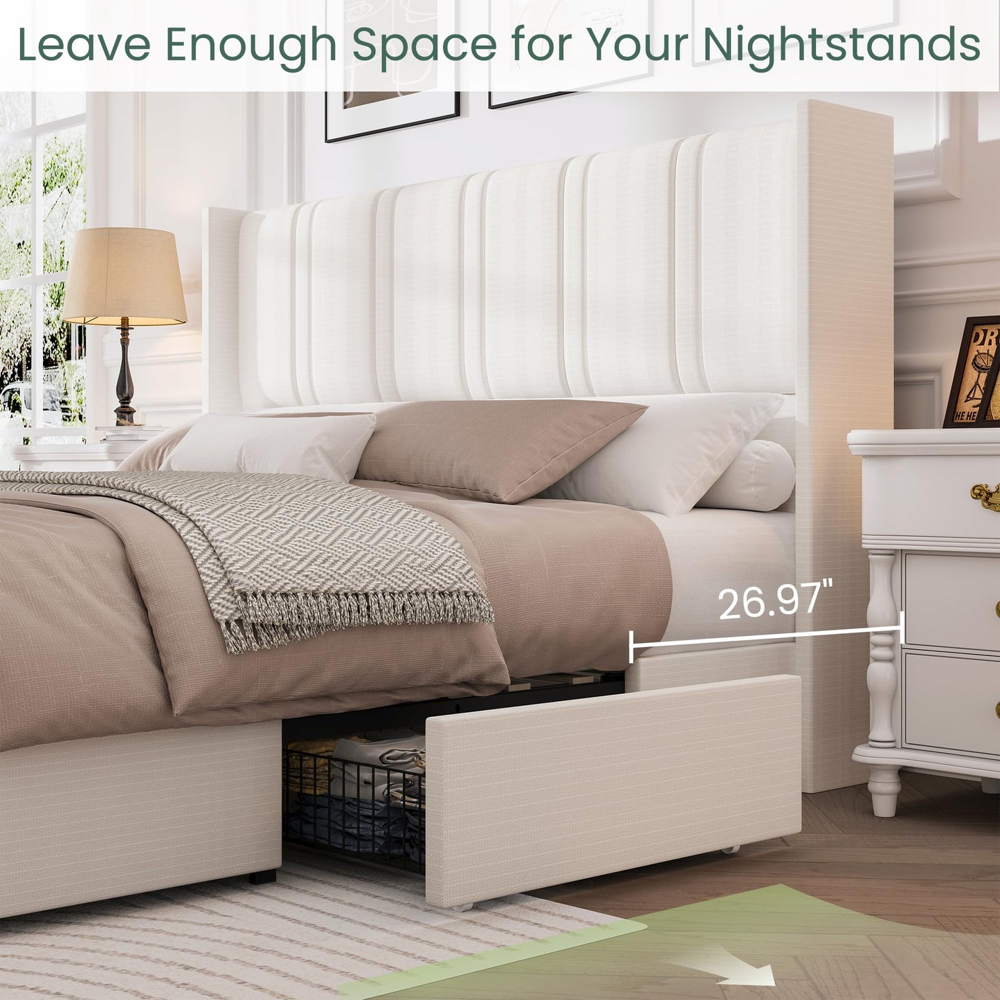 LARMACE Queen Size Bed Frame with 4 Storage Drawers and Wingback Headboard Linen Upholstered Platform Bed Frame with Wooden Slats, Easy Assembly, White