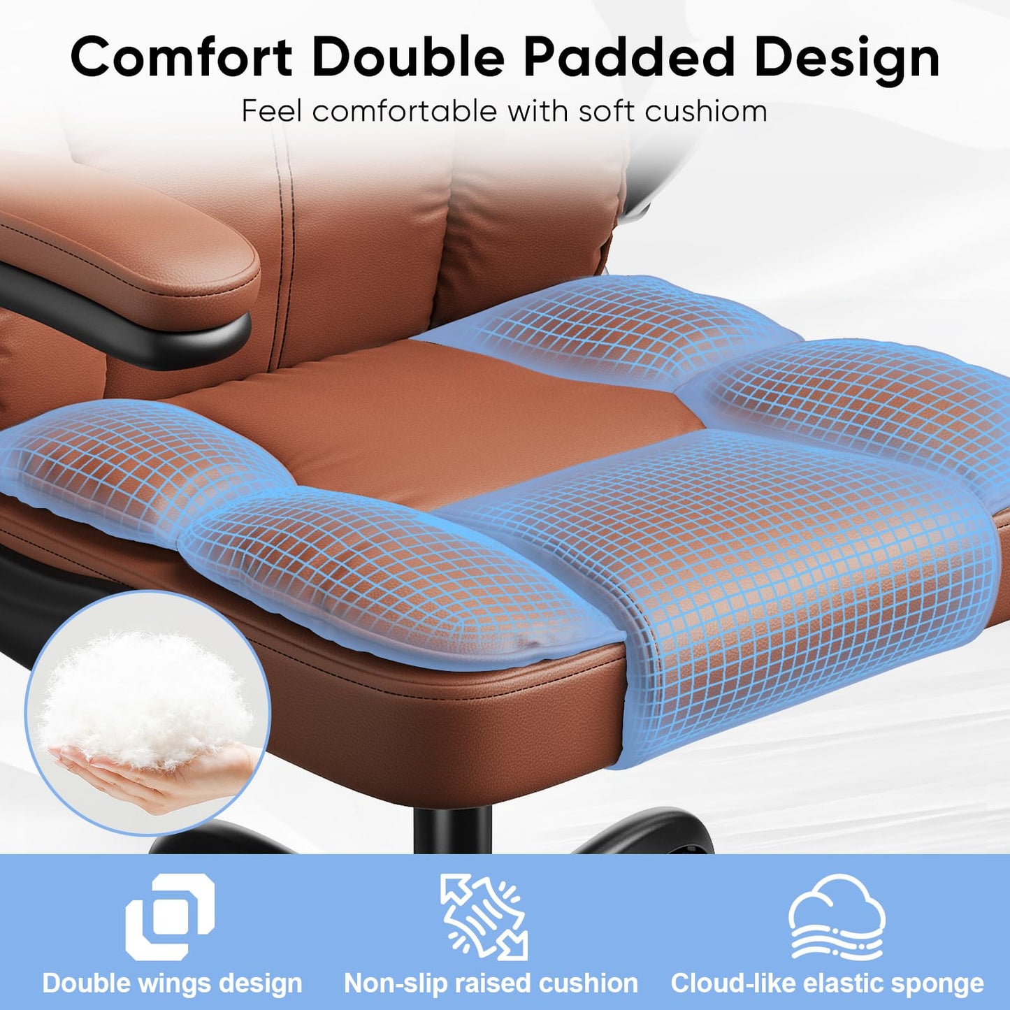 Kensaker Office Chair with Adjustable Headrest & Lumbar Support for for Lower Back Pain Relief, Executive PU Leather Chairs Comfy with Double Padding & 135° Rocking for Home Office, Brown