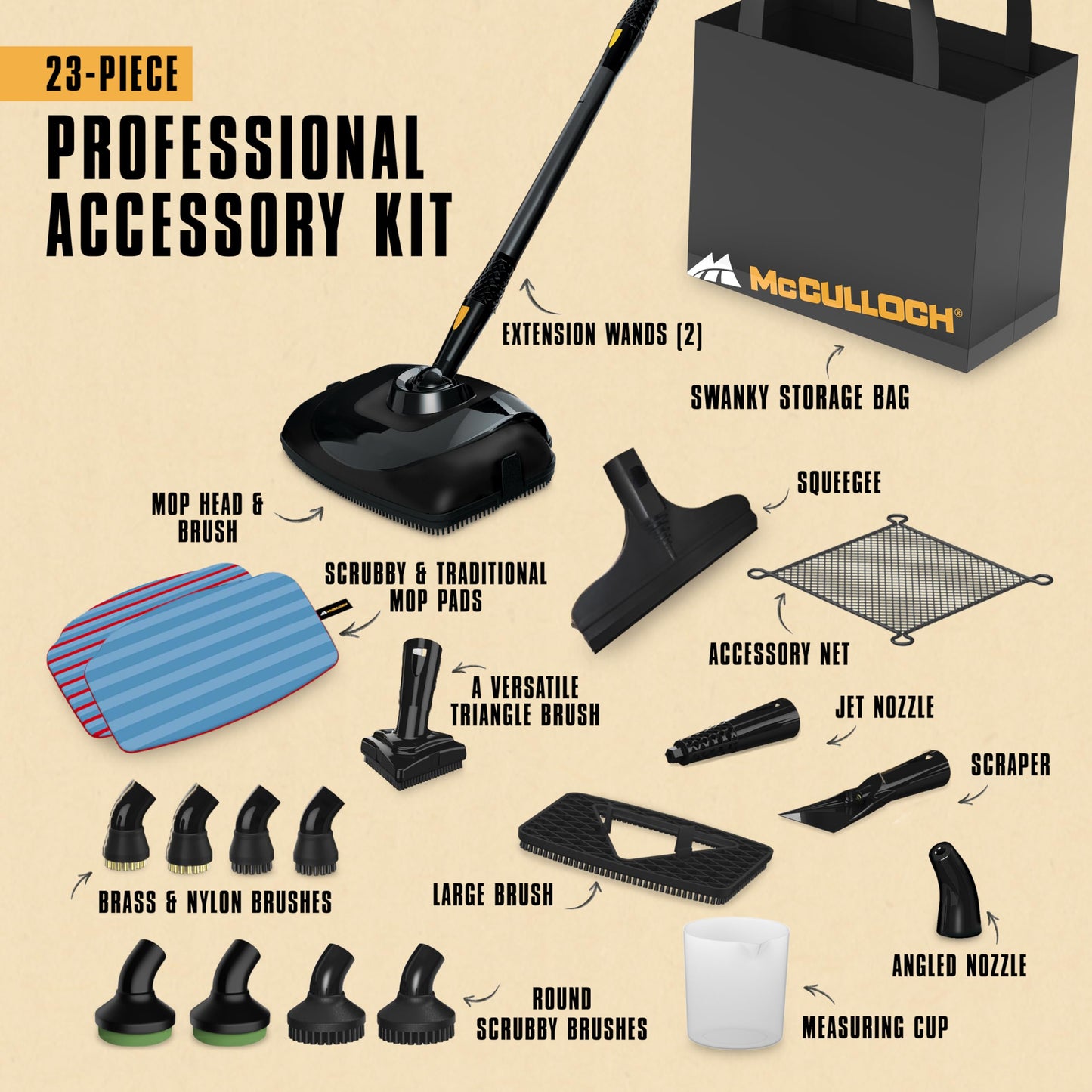 McCulloch MC1385 Deluxe Canister Steam Cleaner, 2-Hour Runtime, Chemical-Free, 23 Accessories: Mop Head, Brushes & More - Built for Home, Tile, Carpet, Furniture, & Personal Car Detailing