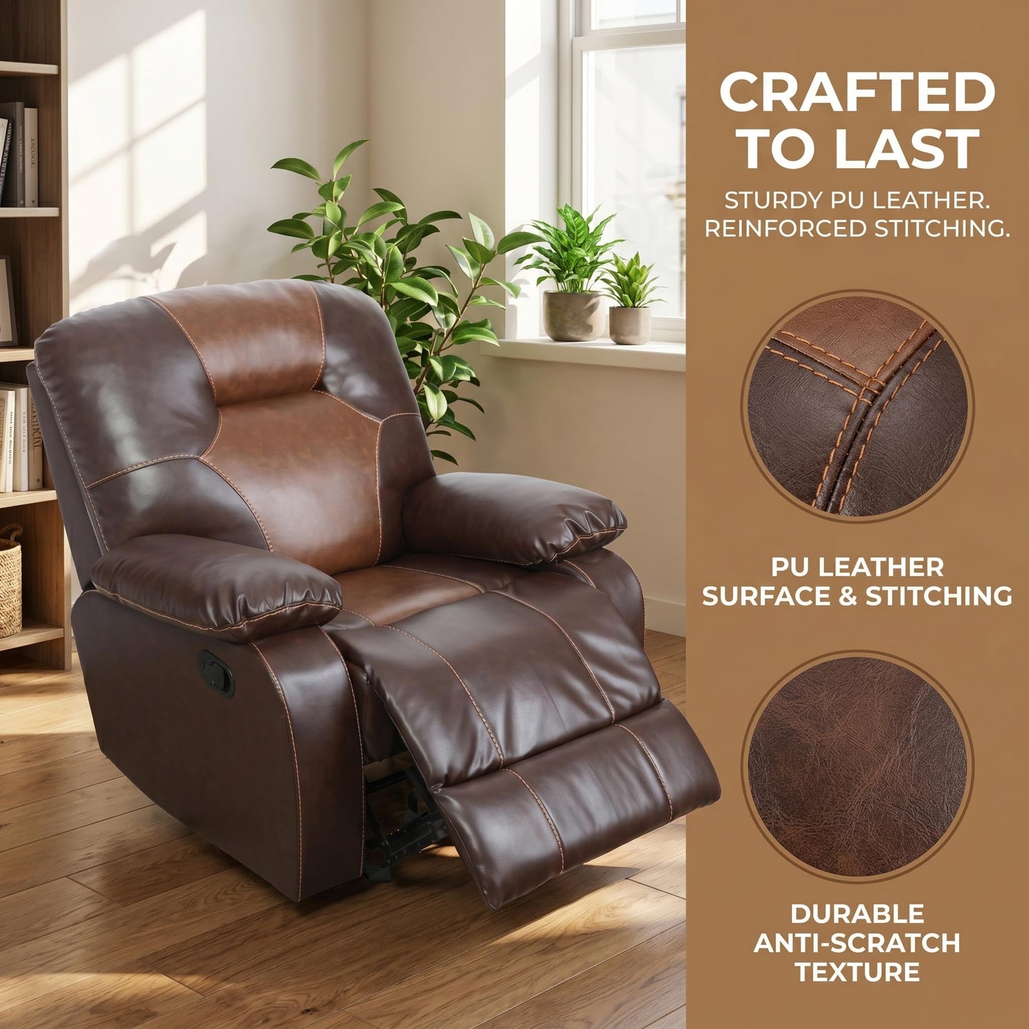 Trygoal Manual Recliner Chair, Nursery Chair, Lazy Boy Recliner Chair for Adults, Living Room Chairs with Overstuffed Arms, Suitable for Home Theater, Living Room, Bedroom, Brown