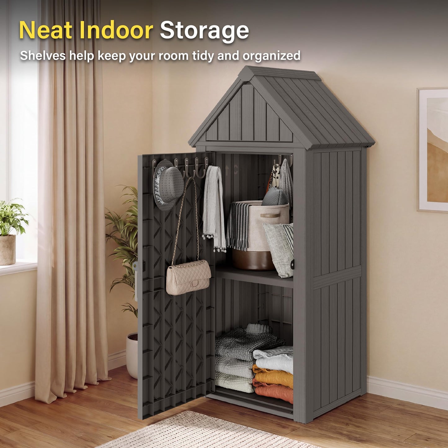 Bifanuo Deck Box Storage Shed Outdoor Storage Cabinet, Vertical Waterproof Resin Material Plastic Shed with Removable Shelves, 12 Hooks and Lock Ring for Garden, Pool and Patio (Classic Grey)