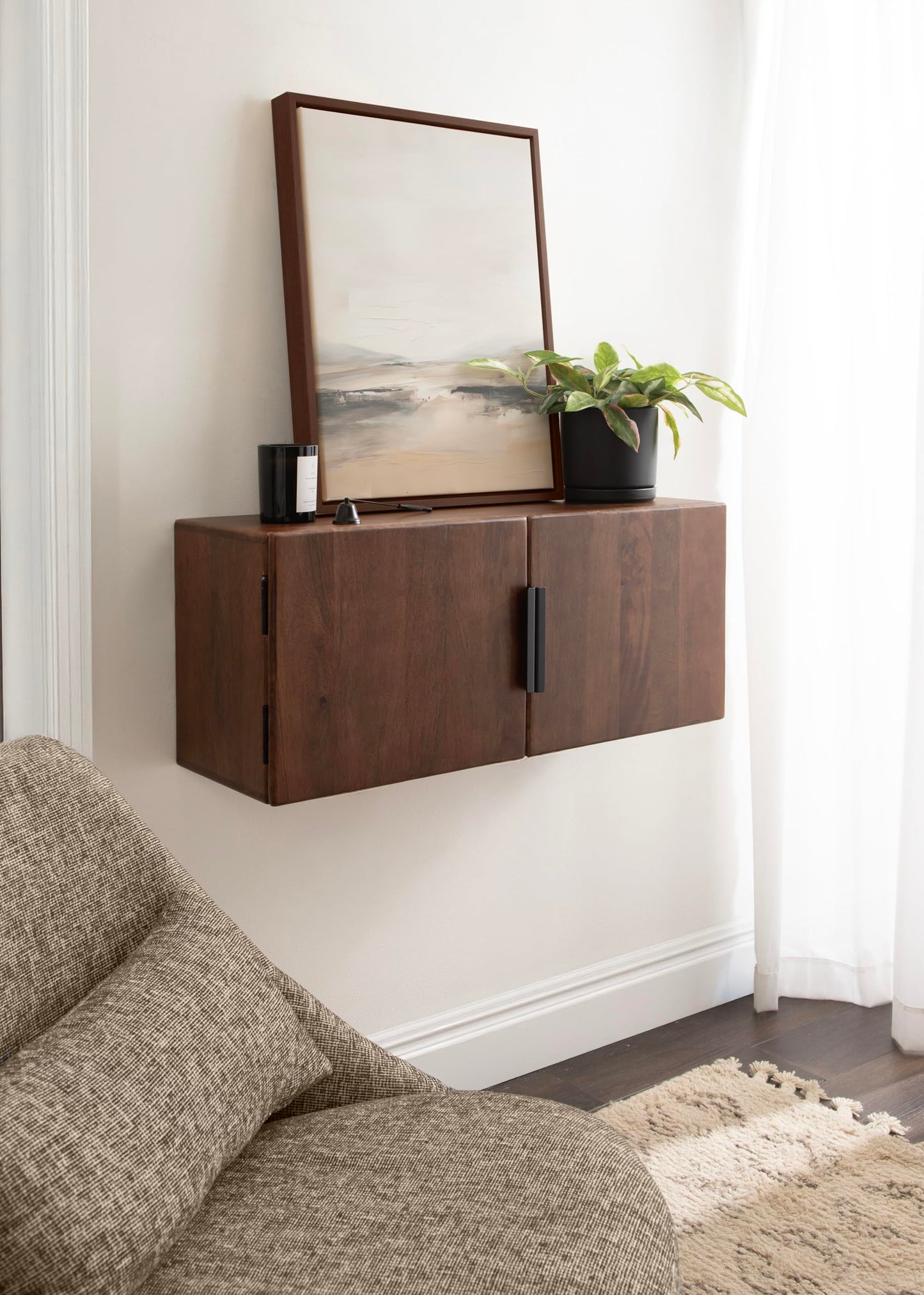 Kate and Laurel Atwood Modern Mango Wood Two-Door Wall Cabinet, 32 x 10 x 14, Walnut Brown, Decorative Storage Cabinet with Metal Pulls for Use as Floating Nightstand or Floating TV Shelf