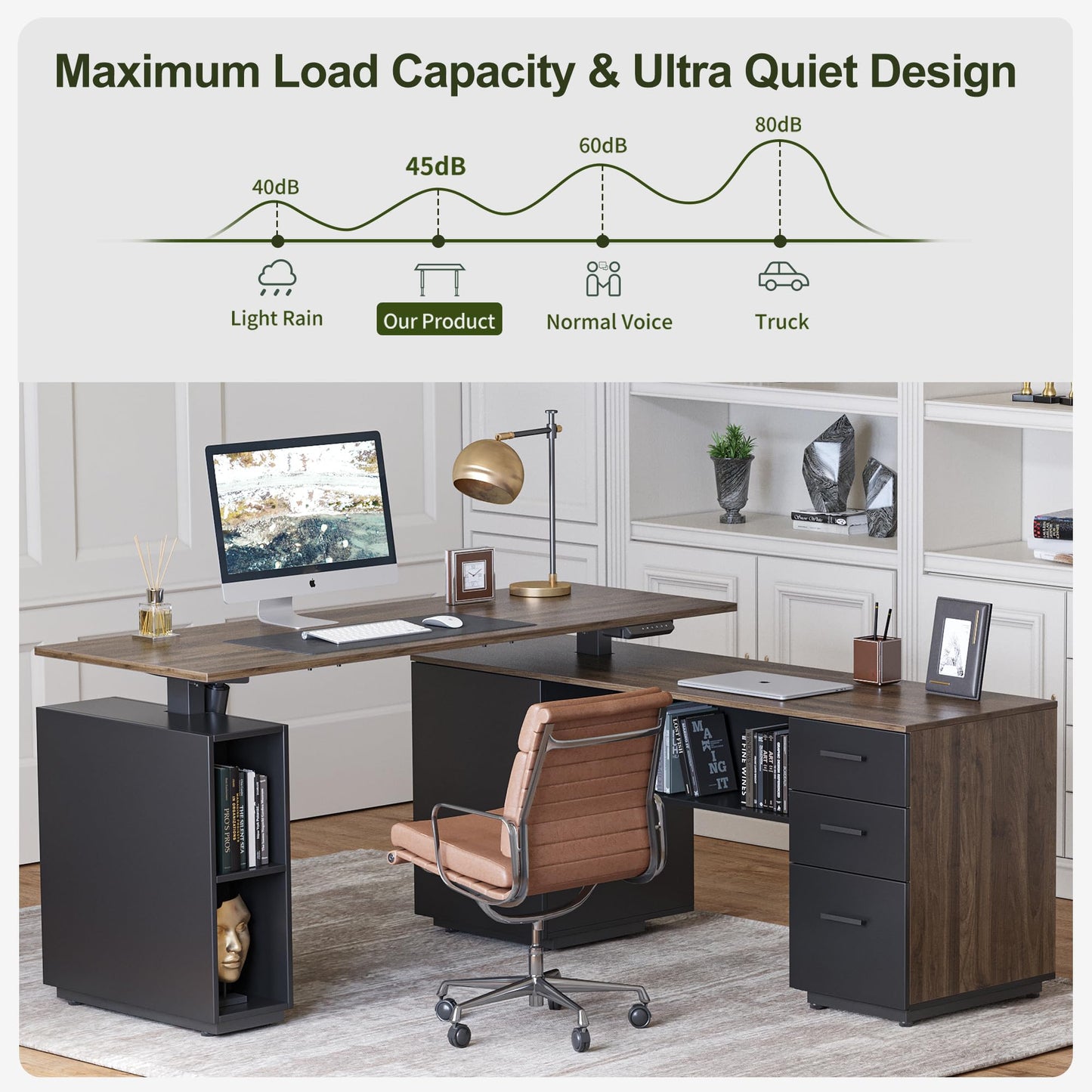 BANTI Executive L Shaped Standing Desk with 3-Drawer File Cabinet, 63" Electric Height Adjustable Stand up Desk for Home Office, Computer Desk with Storage Cabinets, Black Walnut Top