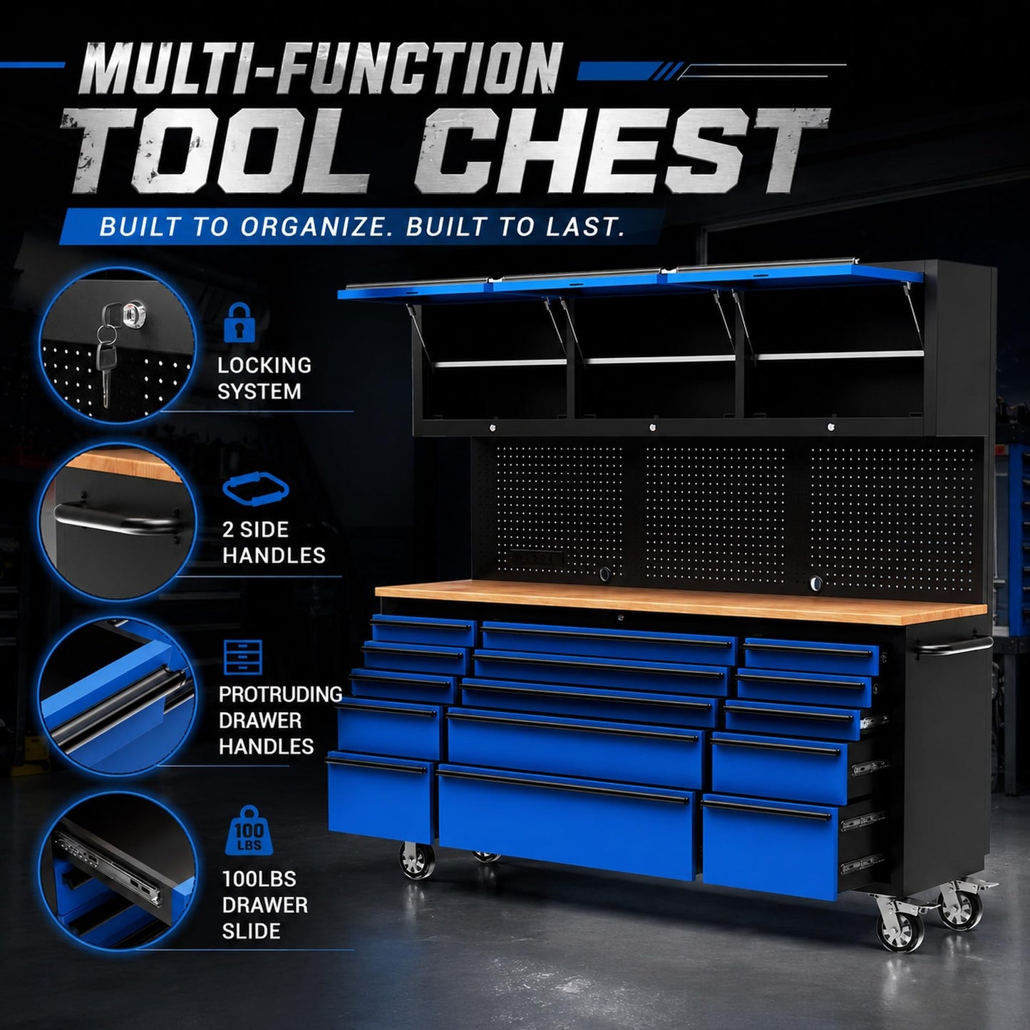 CHETTO C 72 inch Tool Chest Tool Box Mobile 15 Drawer Storage 3 Upper Cabinet Power Outlet SS-Pegboard with Wheels Lock Key Locking System Drawer Liners for Garage Warehouse Repair Shop