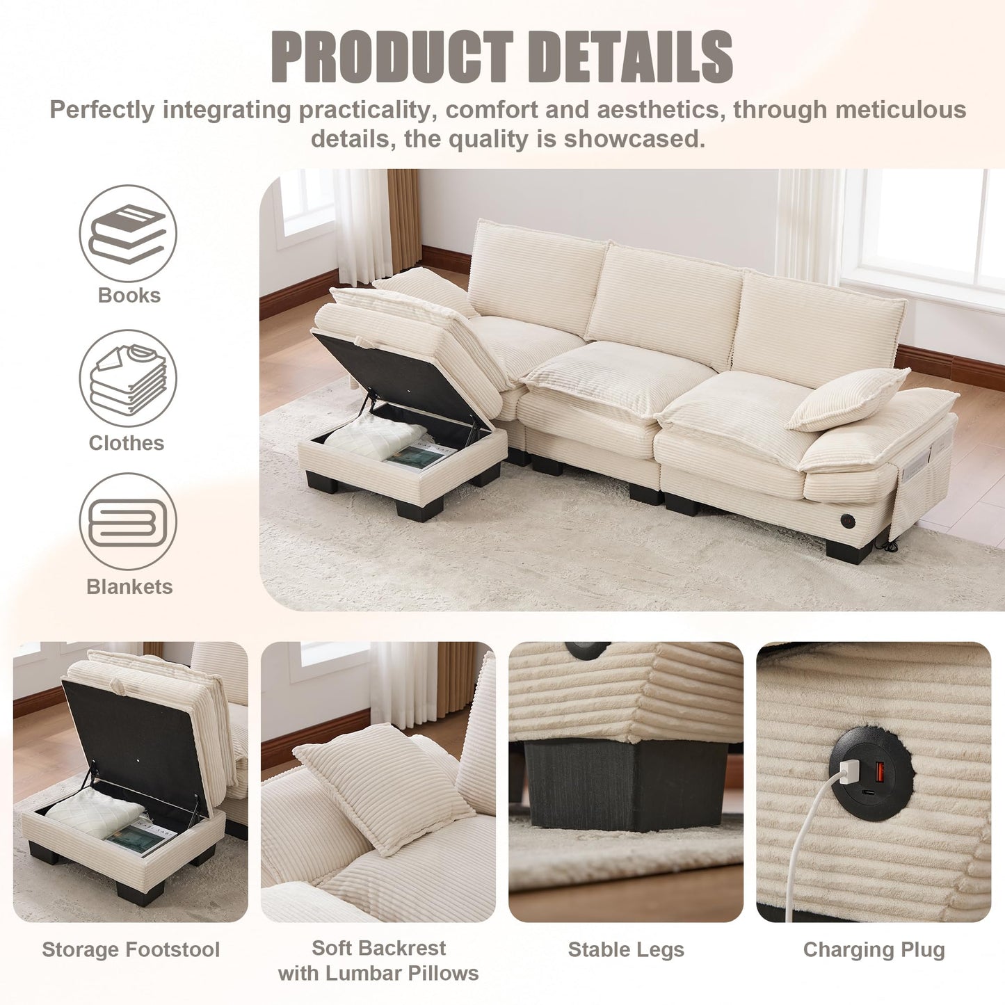 130" Oversized Modular Cloud Sectional Sofa Convertible U/L Shaped Couch Sets for Living Room - 6 Seater Corduroy Cloud Cushion Couches with Storage Ottomans and Pillow Armrest