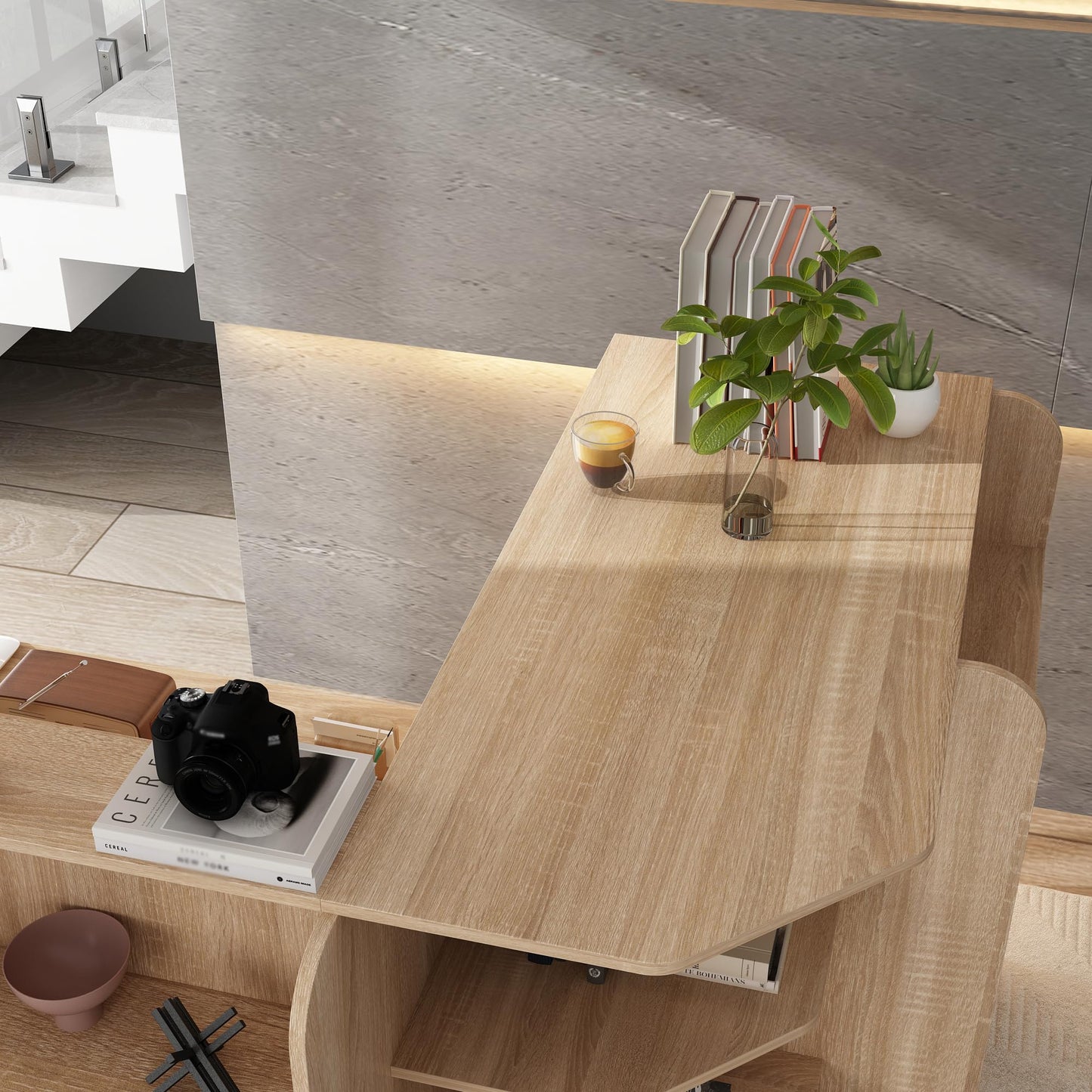 AIEGLE Reception Desk with Counter, 70.9" W Modern Retail Checkout Counter w/Drawers & Open Shelves, L-Shaped Oak Front Desk Reception Table with Storage Cabinet for Salon, Lobby, Office