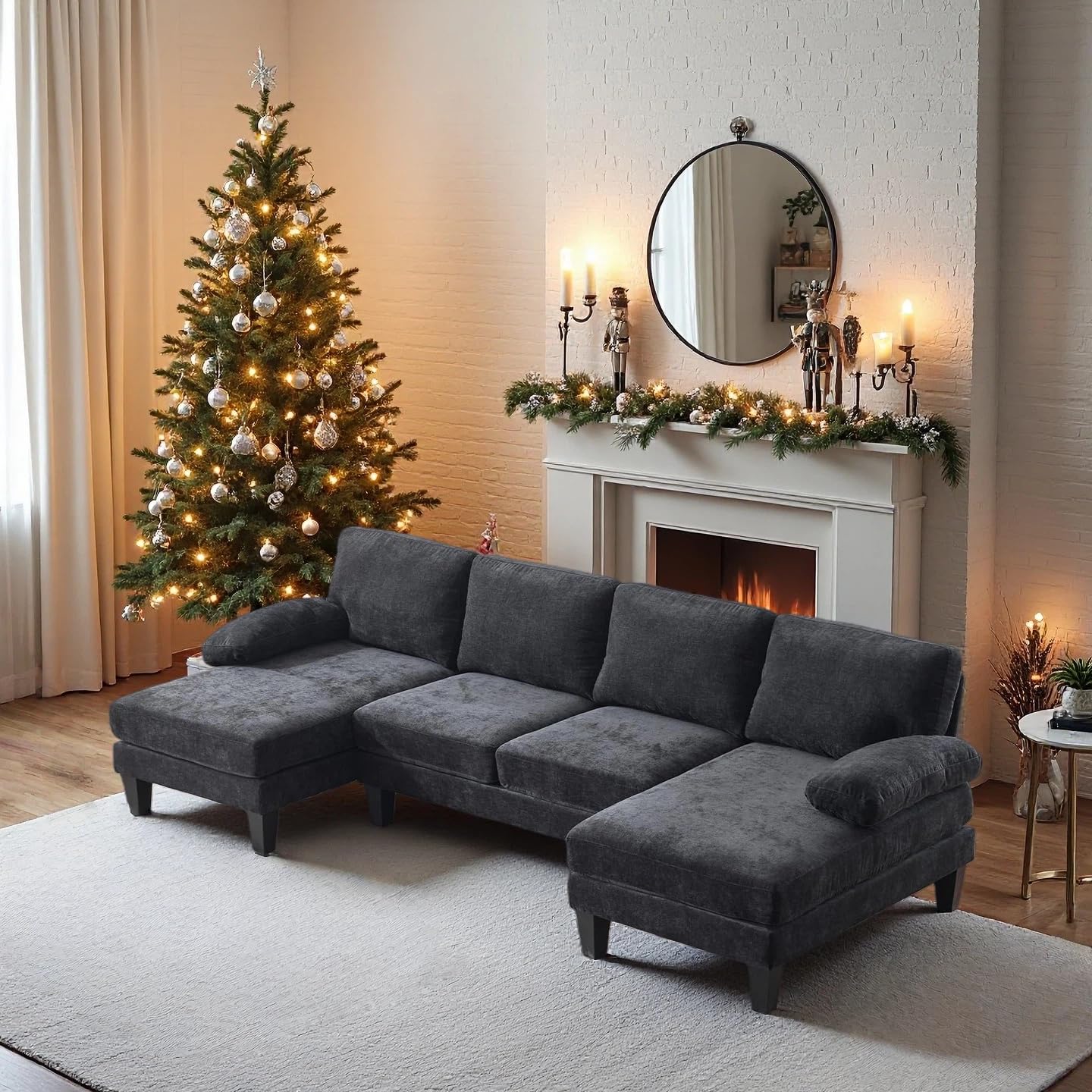 VINGLI 110" Sectional Couches for Living Room,U Shaped Couch with Double Chaise, 4-Seat Sofa Set with Chenille Fabric for Home Furniture,Black
