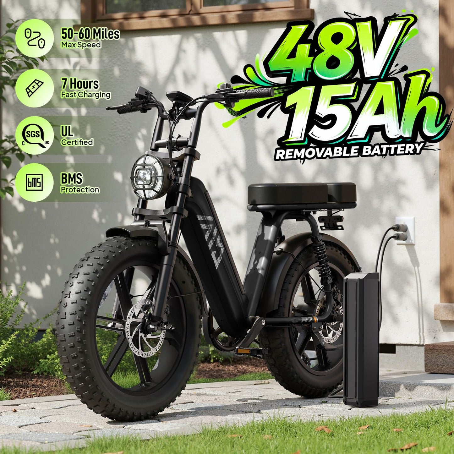 TST Electric Bike for Adults, 1500W Peak Motor Ebike with 48V 15Ah Built-in Battery, 60 Miles Range Electric Bicycle, 20" Fat Tire Step-Thru E Bike with Rear Seat, Rear Footrest