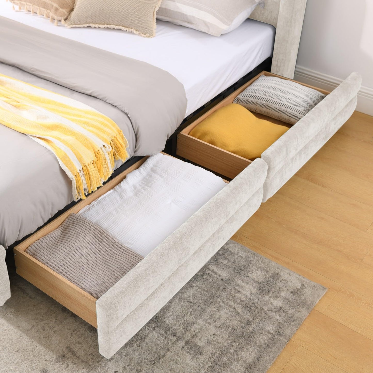 KEIKI Thick Chenille King Bed Frame with 4 Storage Drawer & Upholstered Tufted Cushioned Headboard, Modern Solid Wood Floor Platform Cloud Bed Frame for Bedroom, No Box Spring Needed, Beige