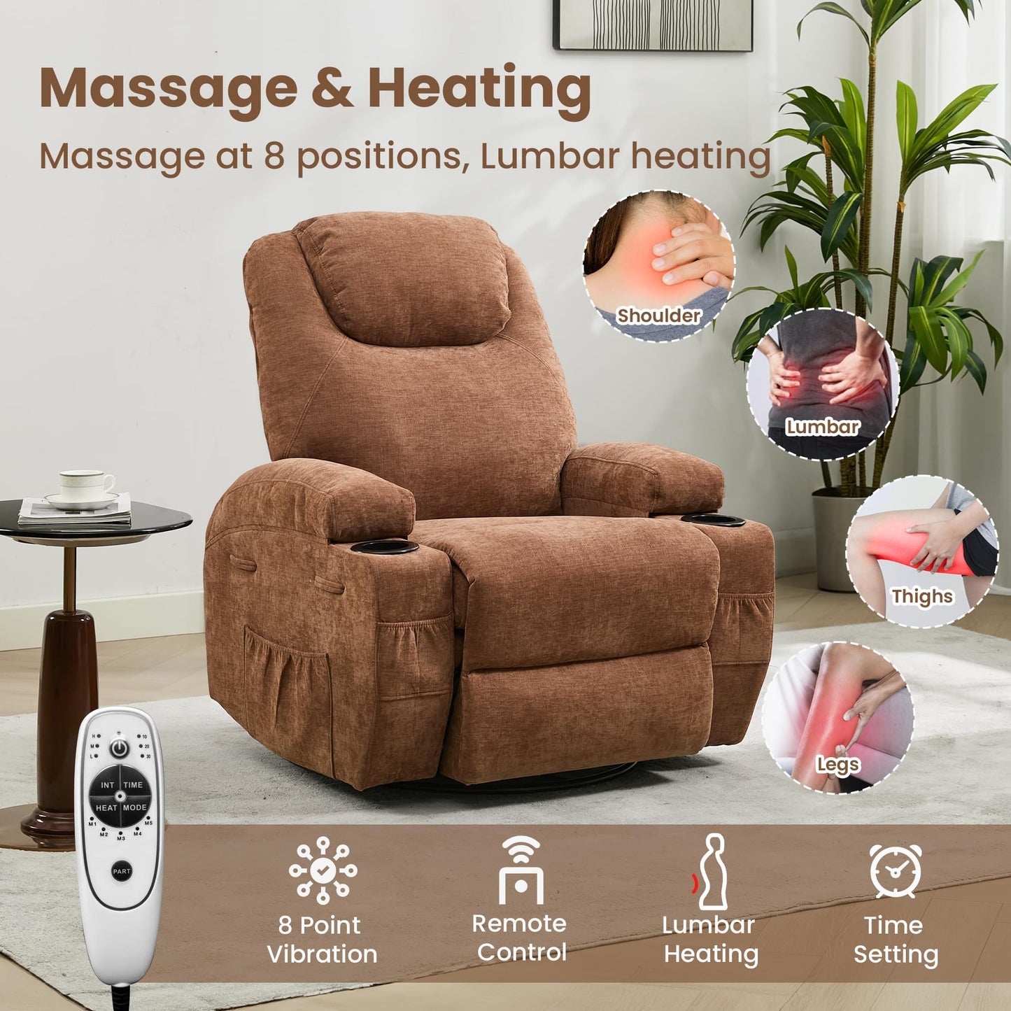 360 Swivel Rocker Recliner Chair for Adults with Massage and Heat, Electric Glider Rocking Chairs for Living Room, Nursery