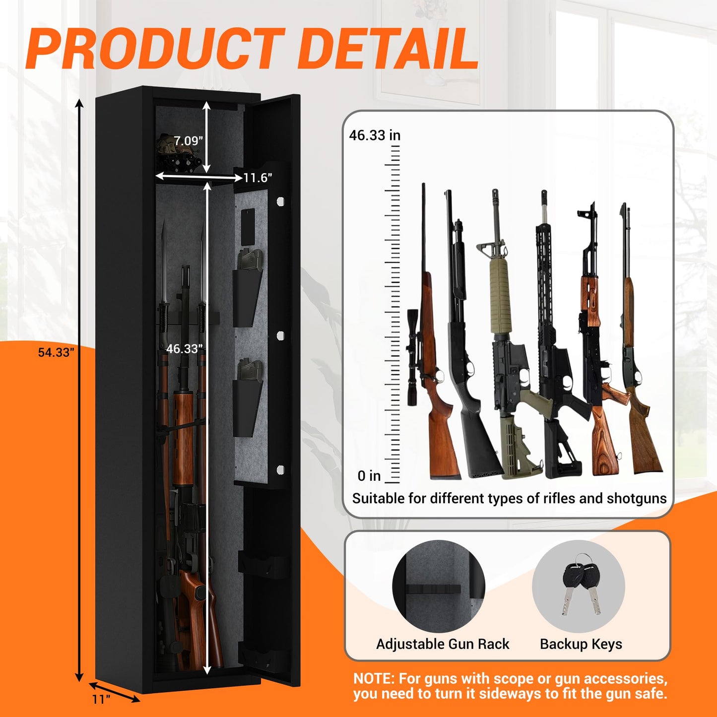 Rifle & Pistol Gun Safe, Quick Access with Fingerprint Lock & Backlit Digital Keypad, Heavy Duty Gun Cabinet with Removable Shelves, Pistol Pockets & Dual Alarm - Home Security Shotgun Locker