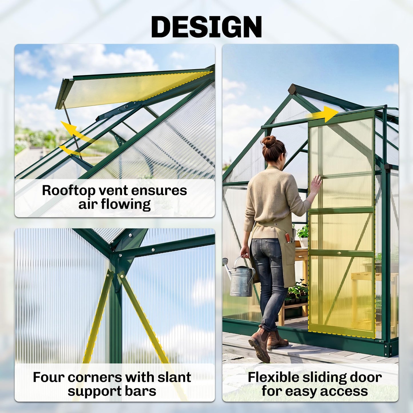 Outsunny 6' x 8' Greenhouse for Outdoors, Polycarbonate Greenhouse with Rain Gutter and Roof Vent, Aluminum Walk-in Green Houses with Push Door for Outside for Patio Backyard Garden, Dark Green
