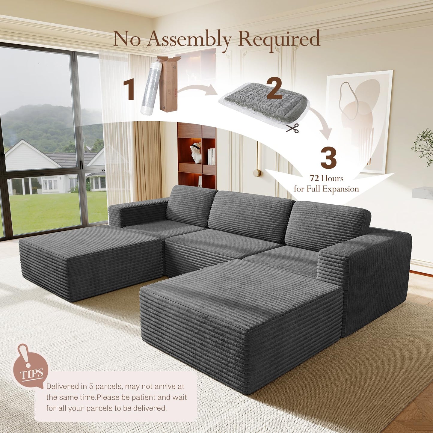 119" U-Shaped Modular Cloud Sofa, Corduroy Sectional Couch with Extra Deep Seats & Durable Spring Support, Convertible Boneless Sofa Set with Dual Ottomans, No Assembly, Grey