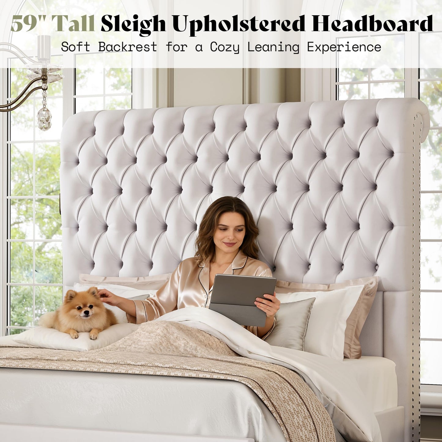 AMERLIFE Queen Size Bed Frame and Headboard with 59" Tall Sleigh Design, Luxury Velvet Upholstered Queen Bed Frame with Handcrafted Deep-Tufted and Solid Wood Legs, No Box Spring Needed,Cream