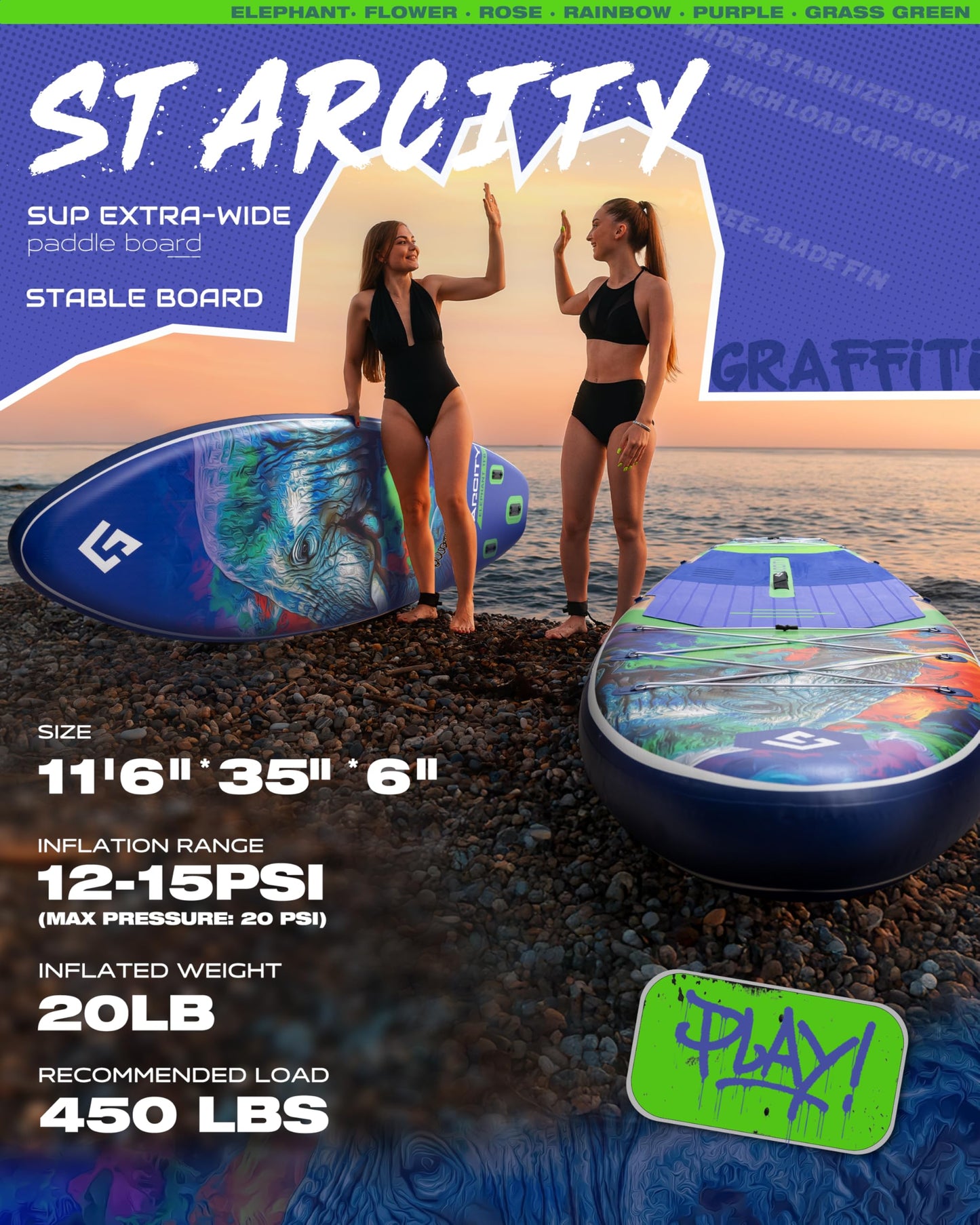Starcity Inflatable Stand Up Paddleboard Extra Wide Responsive Tracking High Load Design 450 Pound Capacity 11'6"35" 6" for Lake Ocean Touring W/Complete Accessories Family Friendly Beginners