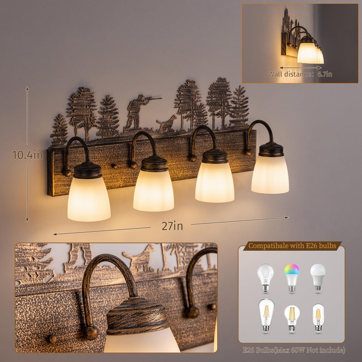 Wellmet Farmhouse Bathroom Vanity Light, 4 Lights Rustic Bathroom Light Fixtures Over Mirror, Bronze Western Sconces Wall Lighting for Mirror Cabinets, Powder Room, Living Room, 27”L