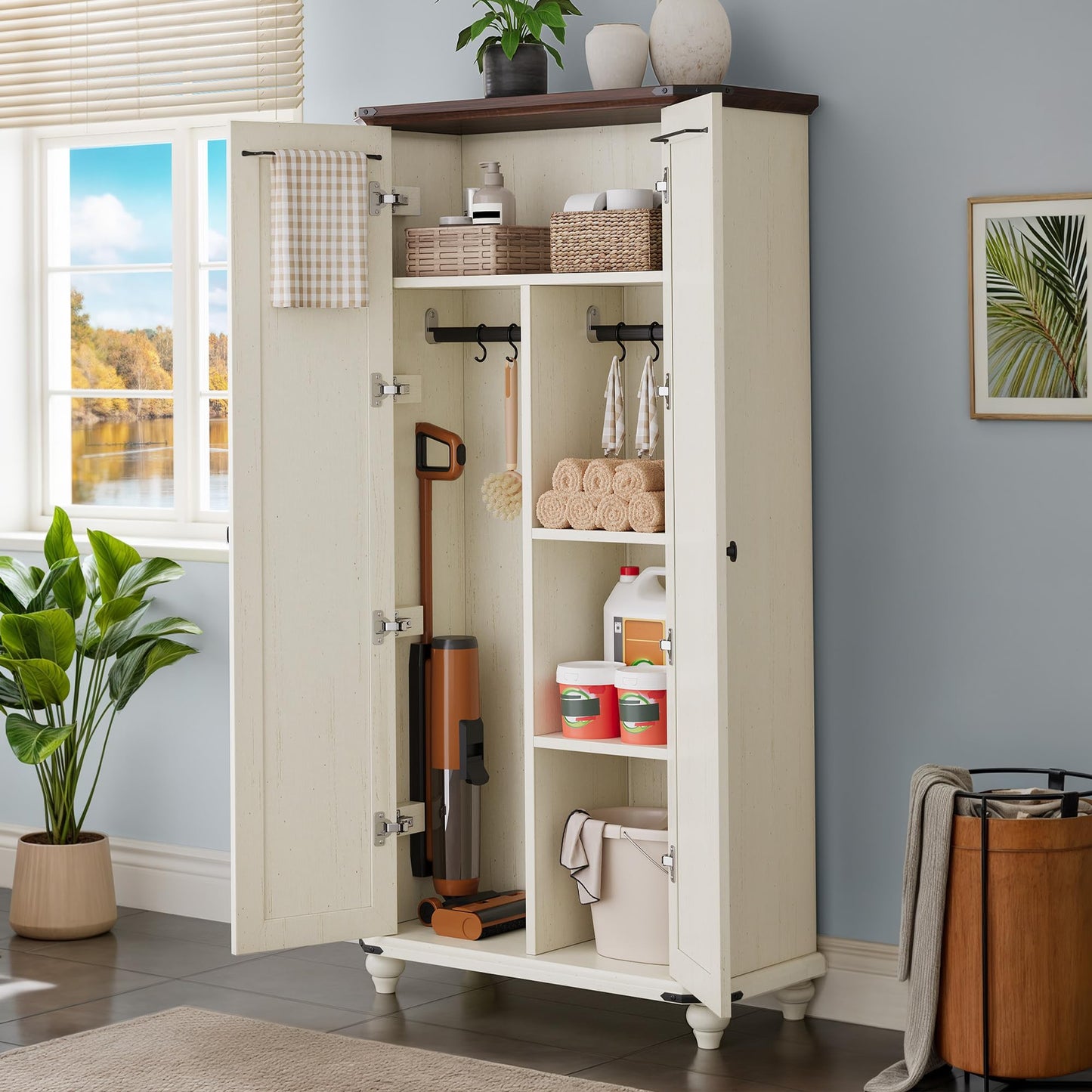 DWVO 4-Tier Storage Cabinet with 2 Shutter Doors, Farmhouse Kitchen Pantry Cabinet with Adjustable Shelves, Wooden Cabinet for Kitchen, Dining Room, Living Room, Office, Rustic White