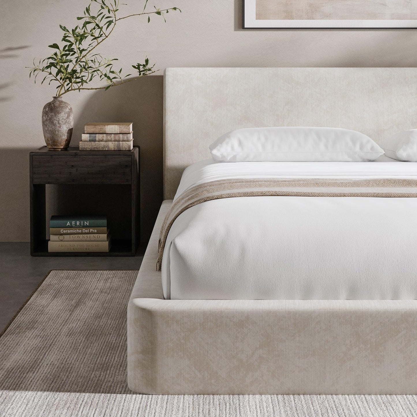 RECCI AirFrame Queen Bed Frame with Ergonomic Angled Headboard, 360° Cushioned Platform Bed Frame, Low Profile Minimalist Soft-Frame Bed, No Box Spring Needed, Easy Assembly, Beige Chenille