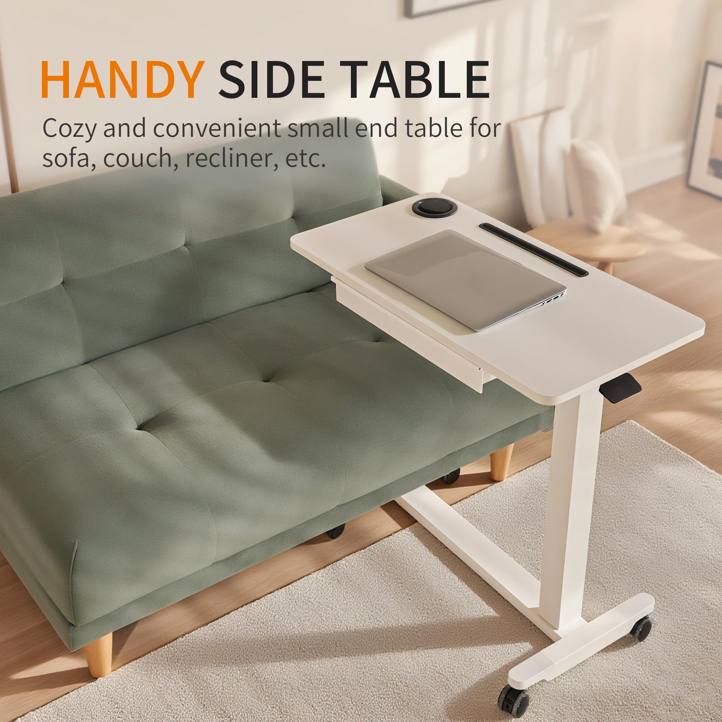 yaaqoo Height Adjustable Overbed Table with Drawer and Wheels, Rolling Standing Laptop Desk, Portable Bedside Tables with Slot, Cup Holder, Mobile Pneumatic Computer Cart, White