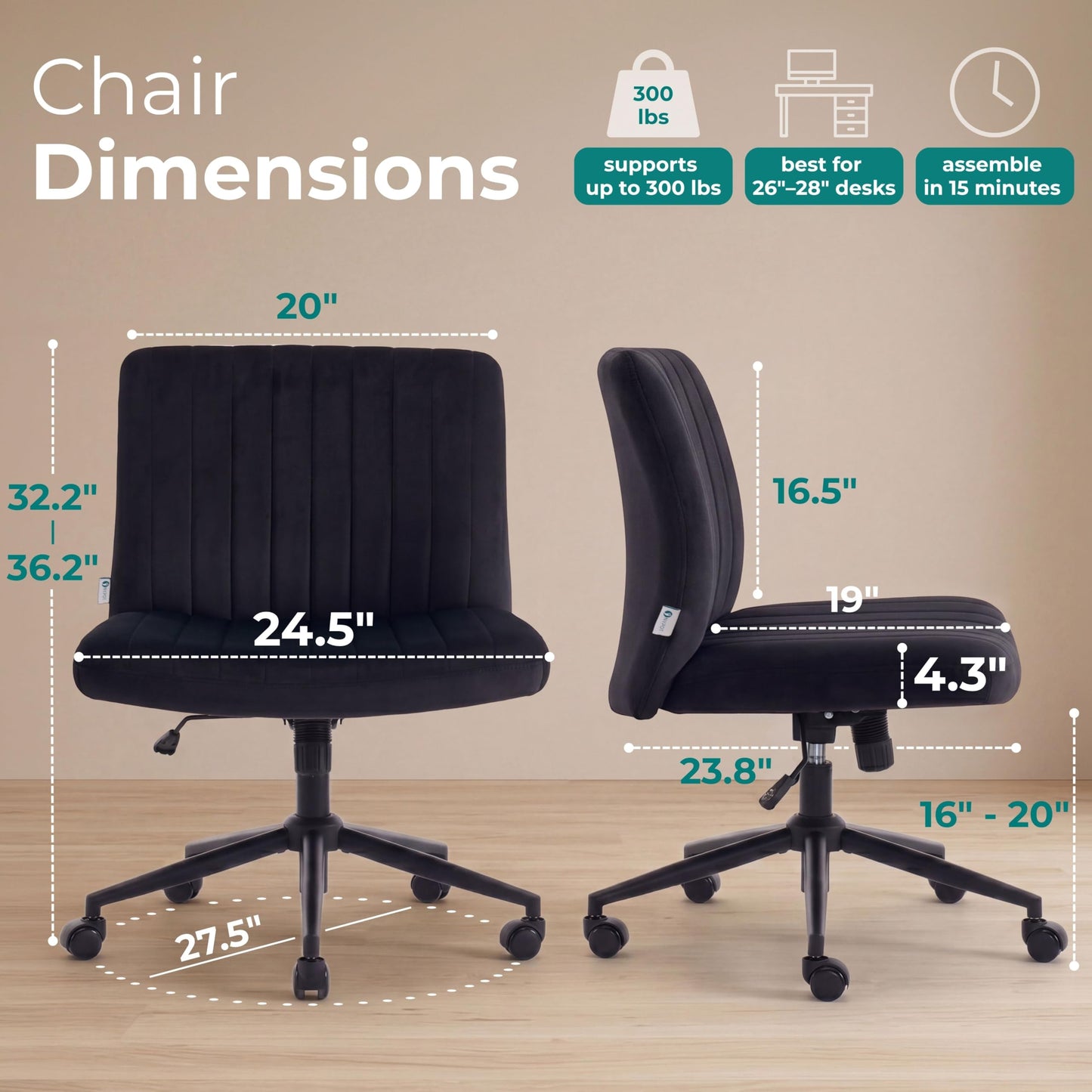 NYPOT Armless Desk Chair with Wheels for Criss Cross Sitting - Cross Legged Wide Armless Chair - Adjustable Vanity 360° Swivel Stool and 120° Rocking Wide Seat Comfy for Home and Office, Black Velvet