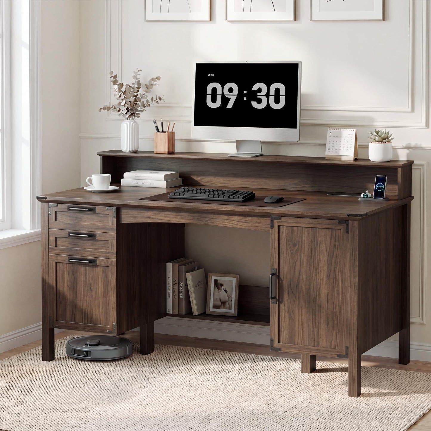 Homiflex Farmhouse Office Desk with Power Outlet & Monitor Stand, 63'' Home Computer Desk with 2 Drawers, File Cabinet, Storage Cabinet, Executive Desk for Work, Study, Writing, Gaming, Walnut