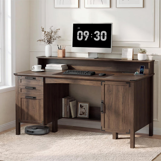 Homiflex Farmhouse Office Desk with Power Outlet & Monitor Stand, 63'' Home Computer Desk with 2 Drawers, File Cabinet, Storage Cabinet, Executive Desk for Work, Study, Writing, Gaming, Walnut