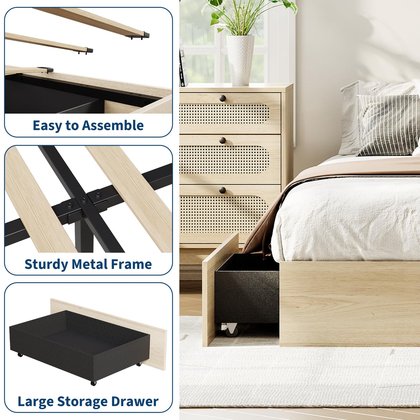 IDEALHOUSE Queen Bed Frame with 2 Storage Drawers, Wooden Bed Frame Without Headboard, Minimalist Floor Platform Bed, Wood Slat Support, Noise Free, No Box Spring Needed, Easy Assembly