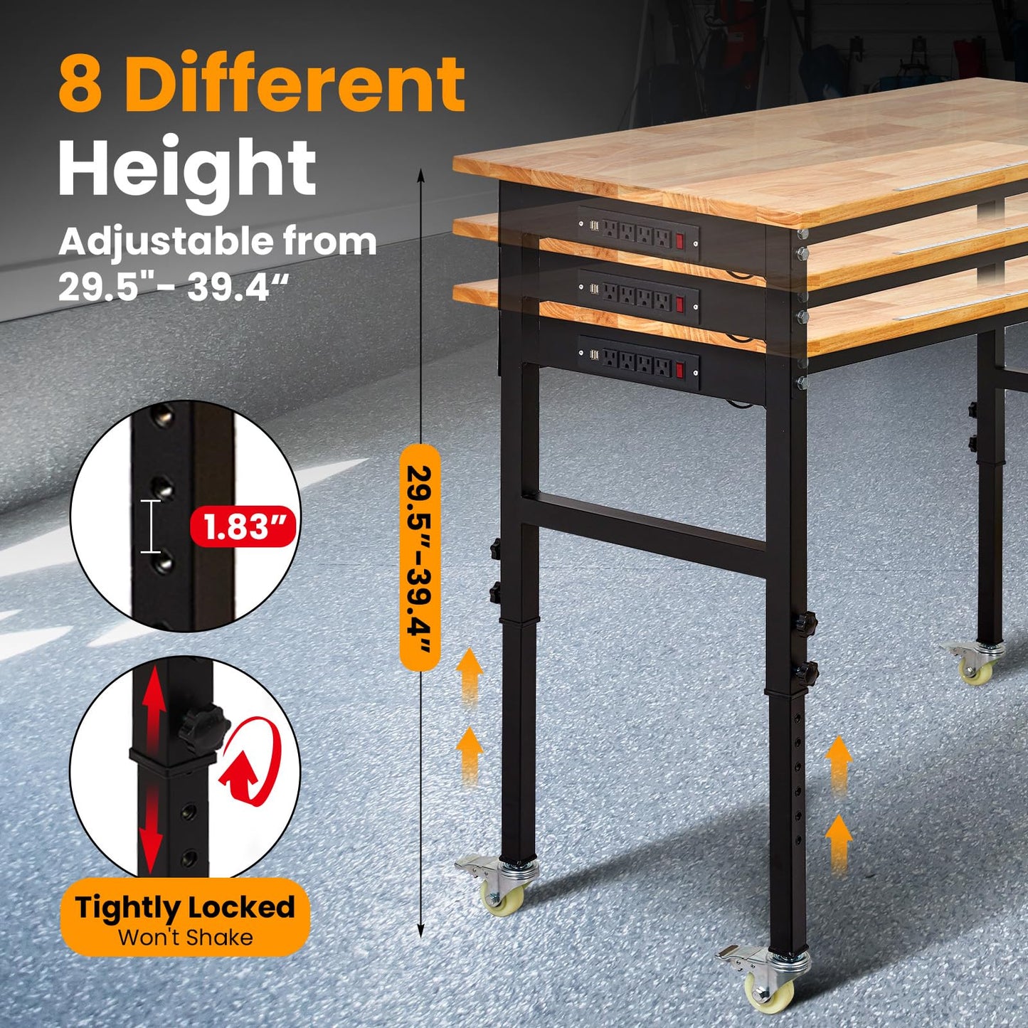 60" Adjustable Workbench with Power Outlet, 2000LBS Capacity Solid Rubber Wood Top & Thickened Steel Legs, 8-Levels Adjustable Heigh Work Table, Easy Assembly for Garage, Workshop, Home