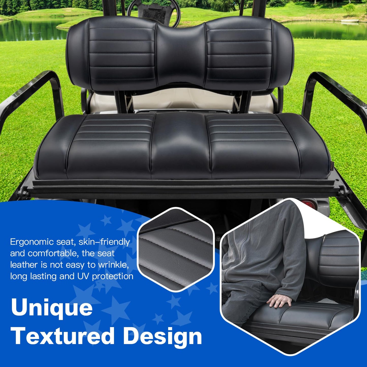 NOKINS Golf Cart Premium Seat Cushion Kit,Seat Back & Seat Bottom Cushion Assembly (Black, Fits Aftermarket Standard Rear Seat)