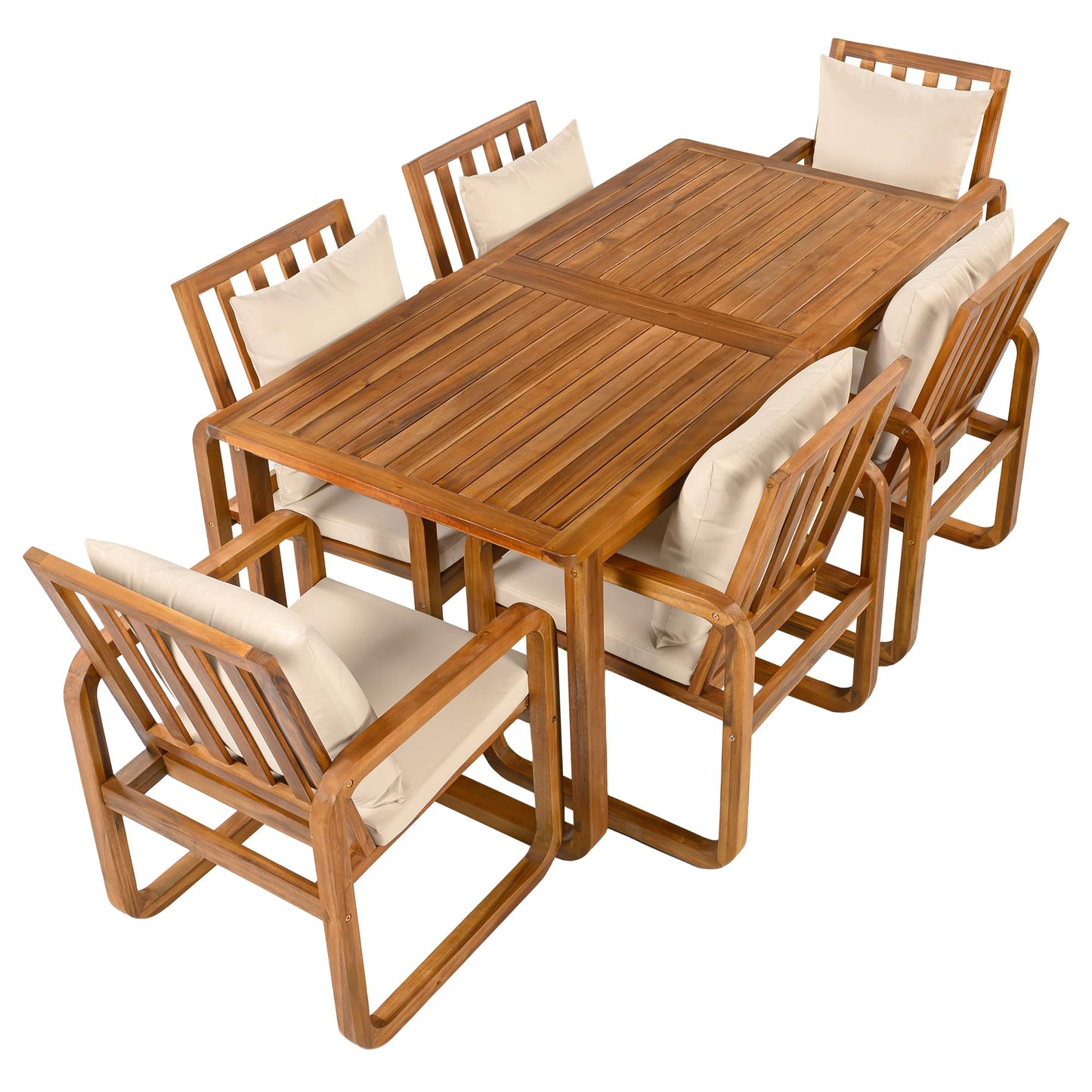 Merax 7 Pieces Patio Dining Set, Outdoor Acacia Wood Furniture for 6, with Table and Removable Cushioned Chairs for Backyard, Brown