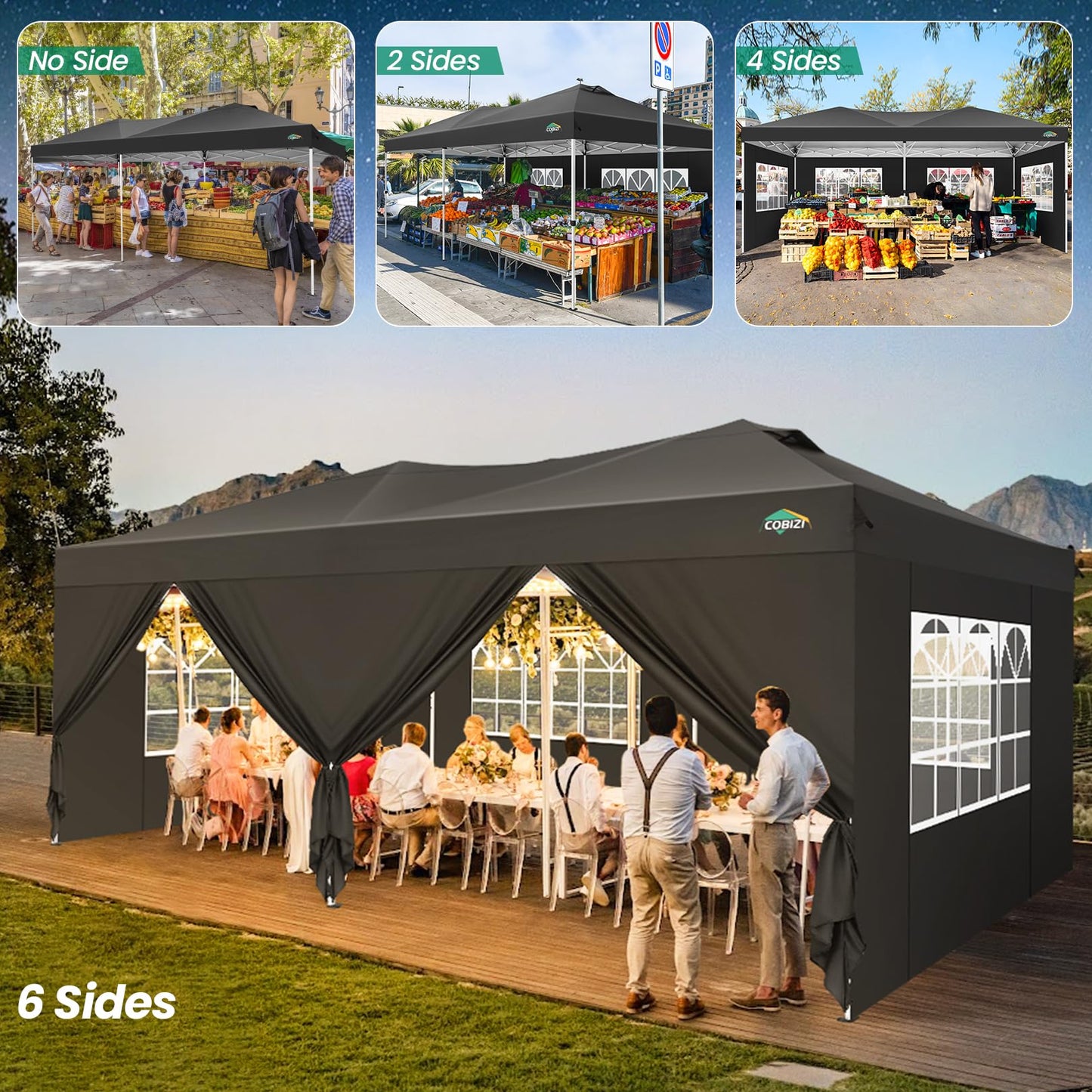COBIZI Canopy 10x20 Pop Up Canopy Tent with 6 Sidewalls, One Push Party Tents for Parties Outdoor Wedding Waterproof Gazebo Commercial Event Tent with Sandbags, Black