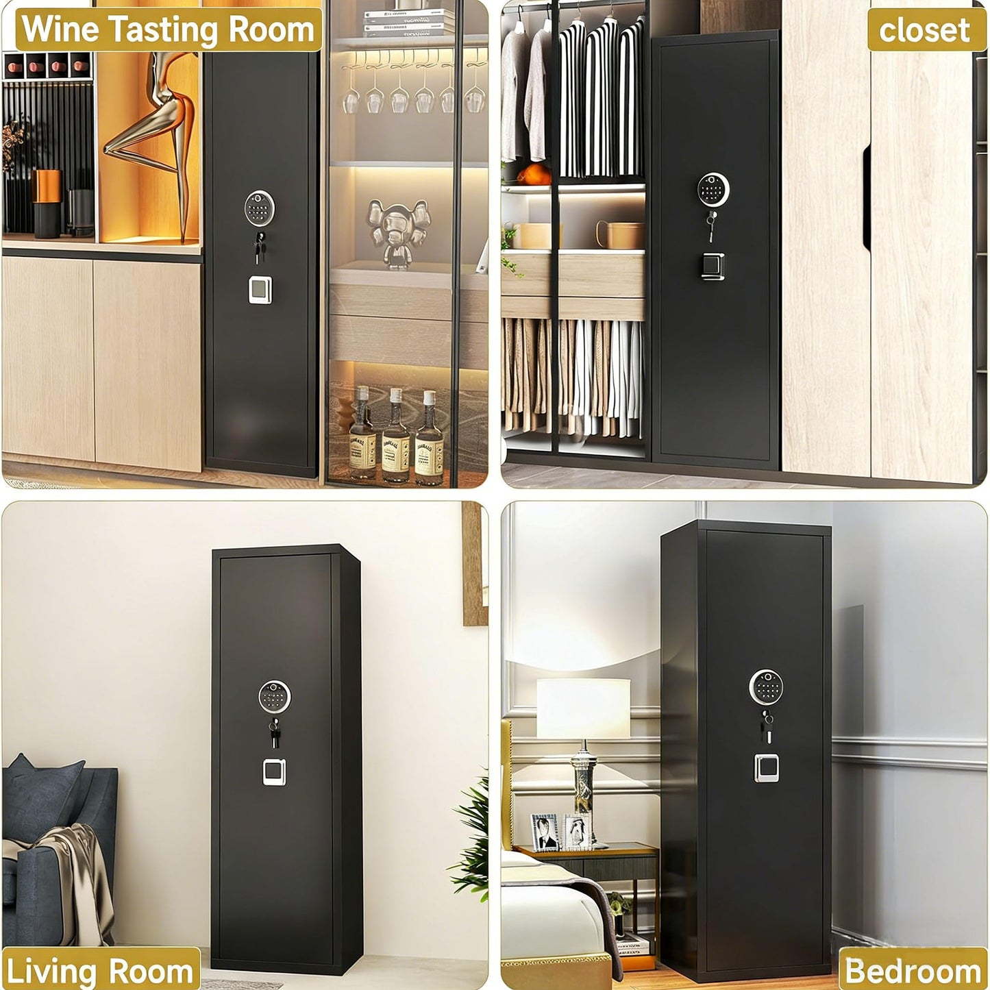 Bezuny No Assembly Required Gun Safe for Rifles and Pistols Fingerprint,14" W x 58" H Adjustable Gun Cabinet for Home,14-15 Gun Safes for Rifle and Password Lock,Black