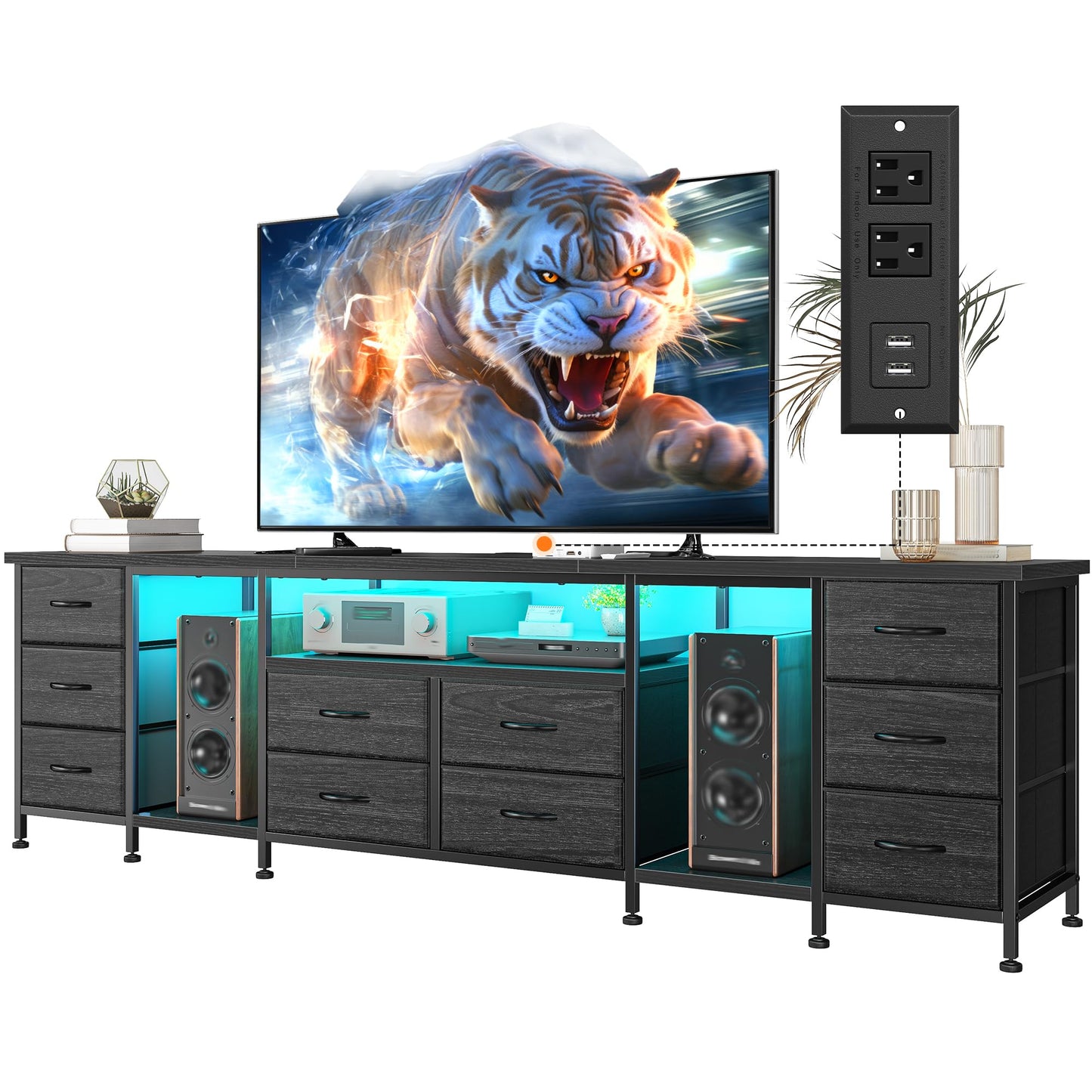 75.5" Long TV Stand for 85/80/75 Inch TVs LED Entertainment Center with Power Outlets & 10 Storage Drawers, Television Stands with 2 Wood Shelves for Living Room Gaming Room Sturdy Metal Frame, Black
