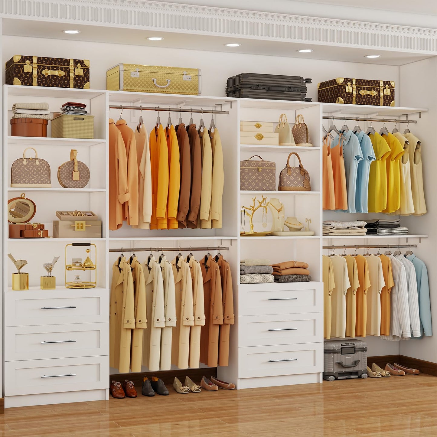 Closet System with 6 Drawers, 6-13FT Closet Organizer System Wood with 8 Shelves & 6 Expandable Hanging Rods, Closet Systems Kit for Walk in Closets, Modular Closet Organizer Systems, 2 Sets,White