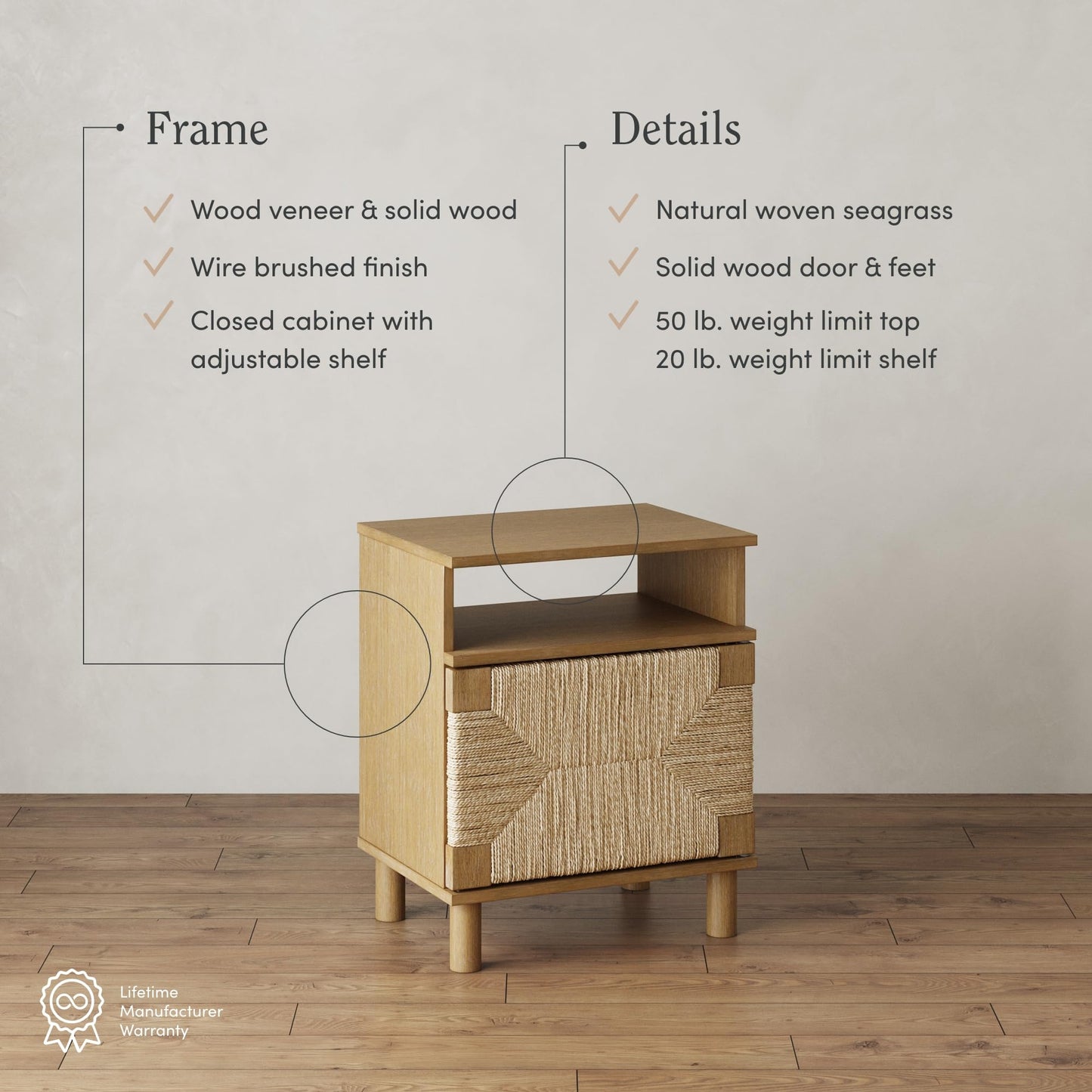 Nathan James Beacon Wood Nightstand, Bohemian Accent Table or Sofa Side Table with Seagrass Door for Bedroom or Living Room, Light Brown, Set of 2