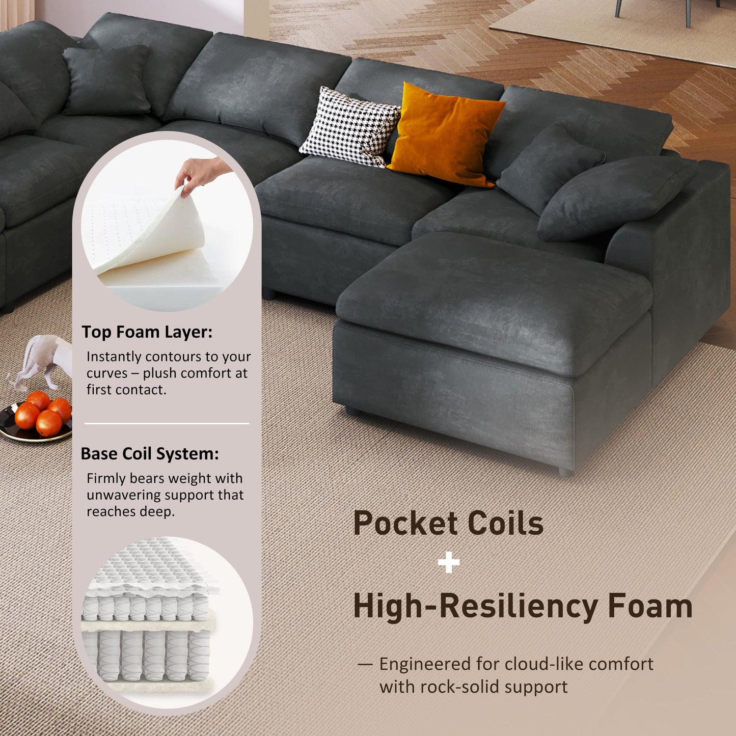 124.8" W Modular Sectional Sofa L Shaped Modern Couch with Ottoman, Deep Seat and Wide Chaise for Living Room, Gray