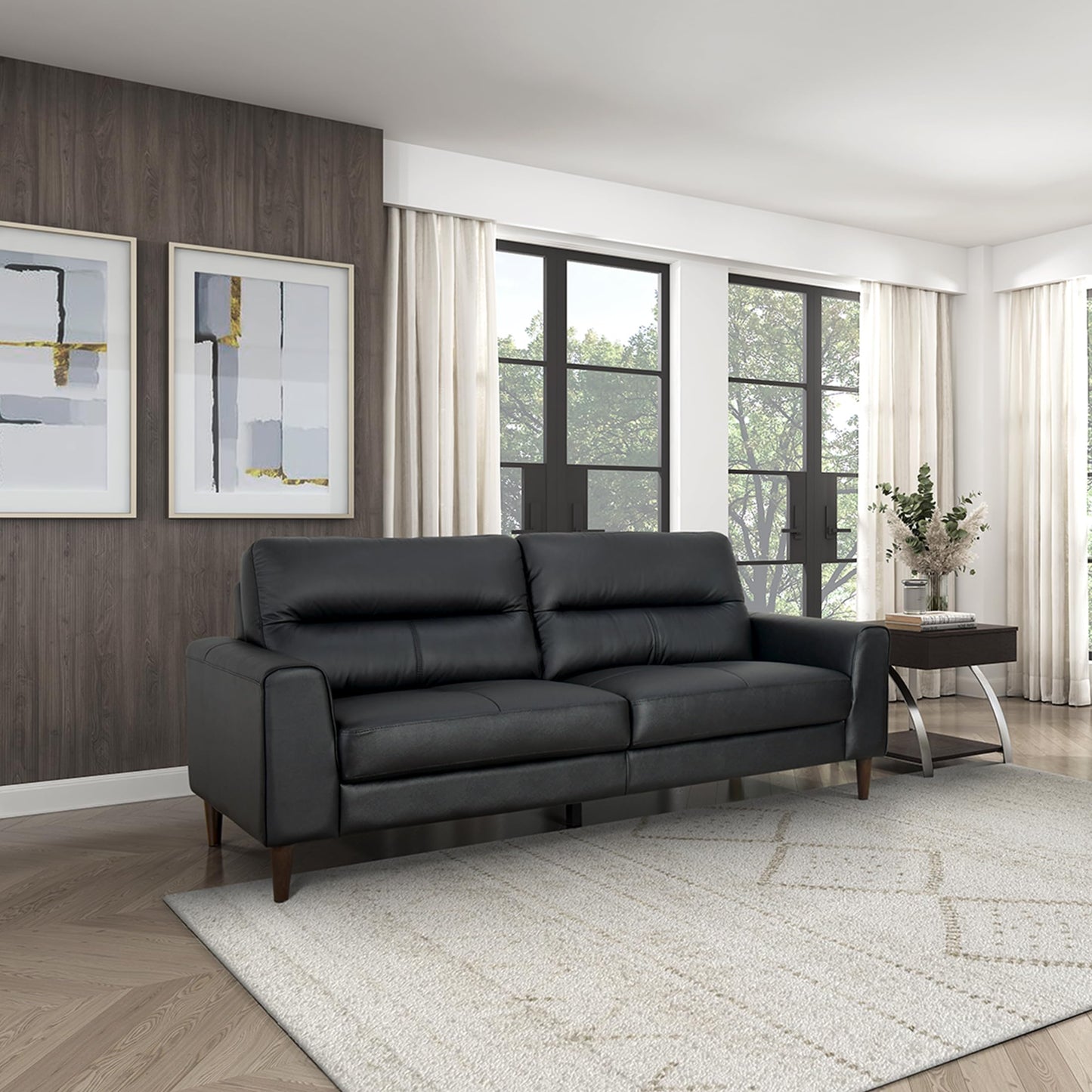 Lexicon Leather Match Couch Sofa, Modern Oversized Sofa, Solid Wood Legs, Top Grain Leather 3 Seater Couch for Living Room, Bedroom, Office, Apartment, Waiting Room, Black