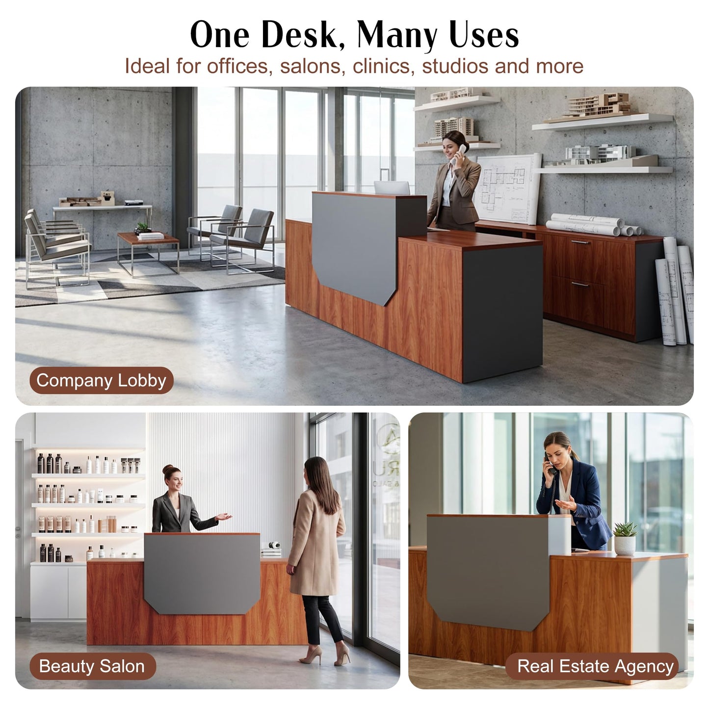JNMDLAKO Reception Desk with Counter, 78.8" Modern Front Desk Reception Counter Walnut, Retail Checkout Counters with Storage Shelf Cabinet for Business Office, Lobby, Store, Salon