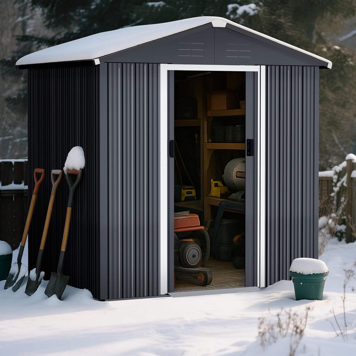 Nuu Garden 6 x 4 FT Garden Storage Shed with Sliding Doors, Galvanized Sheet Tool Shed with Sloping Roof, Anti-Corrosion Garden Shed with Air Vents for Backyard Patio Lawn, Black