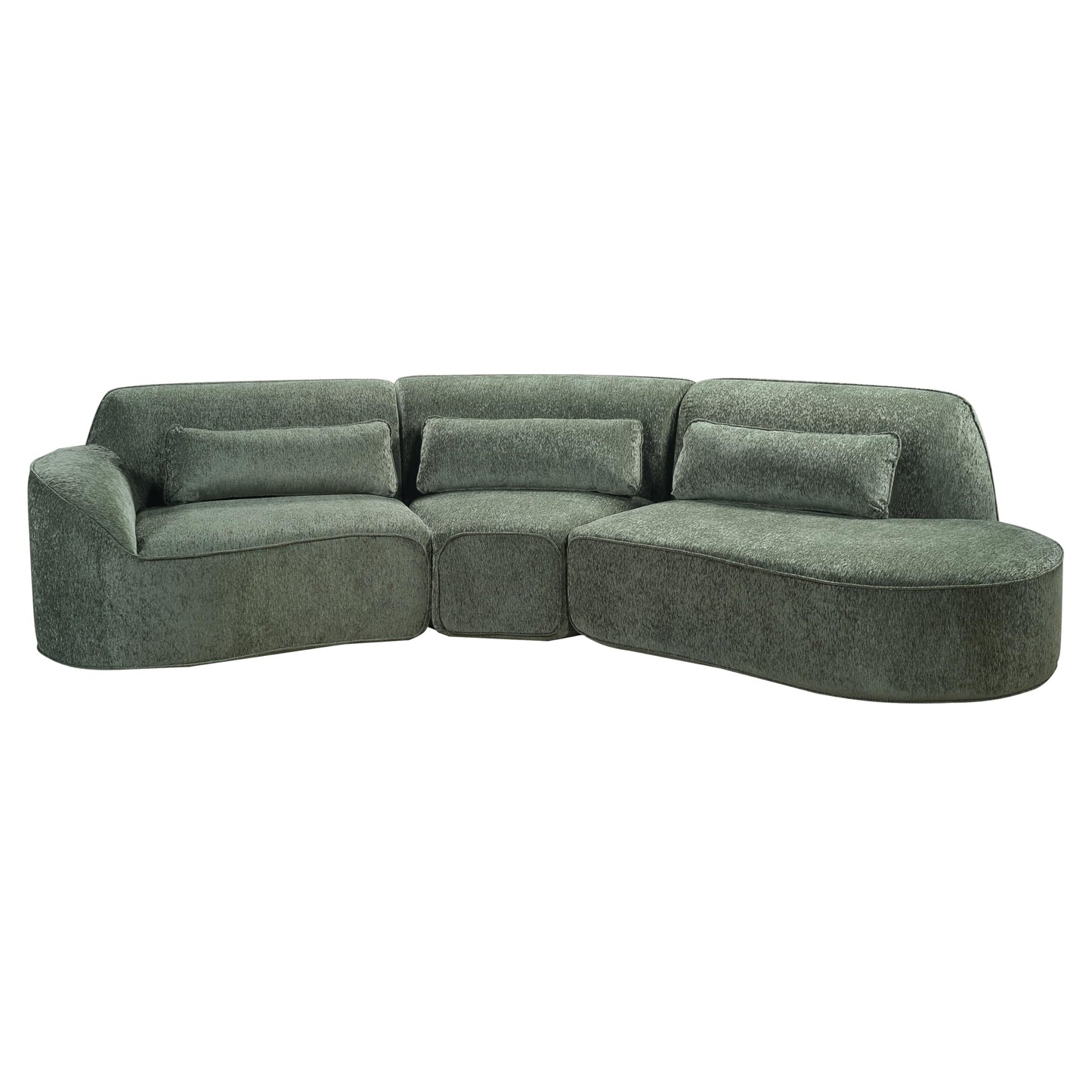 Merax 123.23" Curved Polyester Sectional Sofa Set, Modern Cloud Couch with Chaise Lounge & 3 Pillows & Right Hand Facing, High-Density Fully Compressed Sponge, Fully Assembled for Living Room, Green