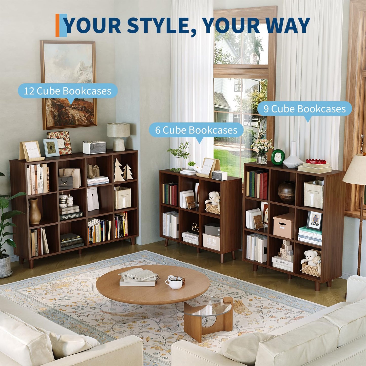 GarveeHome Cube Bookshelf, 12 Cube Storage Organizer Shelf, Freestanding Open Bookcase, Display Cabinet Organizer with Base, for Living Room, Bedroom, Home Office