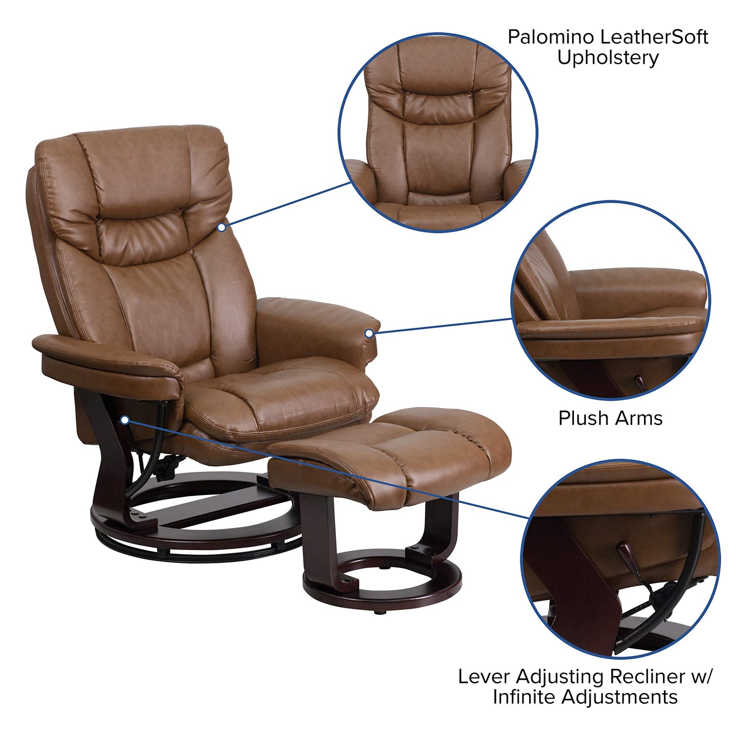 Flash Furniture Allie LeatherSoft Upholstered Recliner with Footrest, Arms, and Headrest, Padded Swivel Recliner Chair and Ottoman Set, Palimino