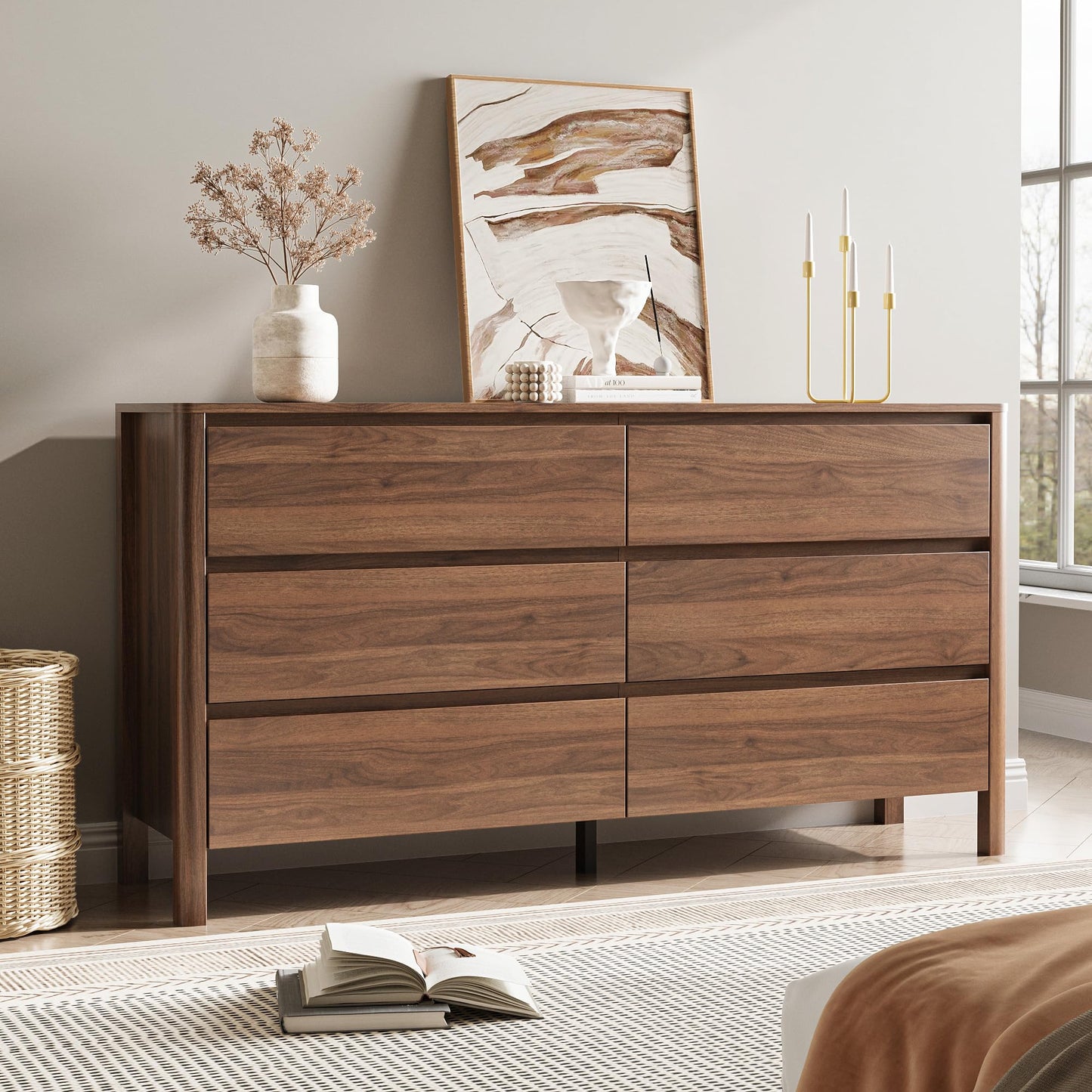 MAISONARIA Walnut Dresser for Bedroom, 55.1" Wide Dresser with 6 Drawers and Hidden Handles, Modern Wood Chest of Drawers for Clothes and Accessories, Stylish Storage Cabinet for Living Room, Entryway