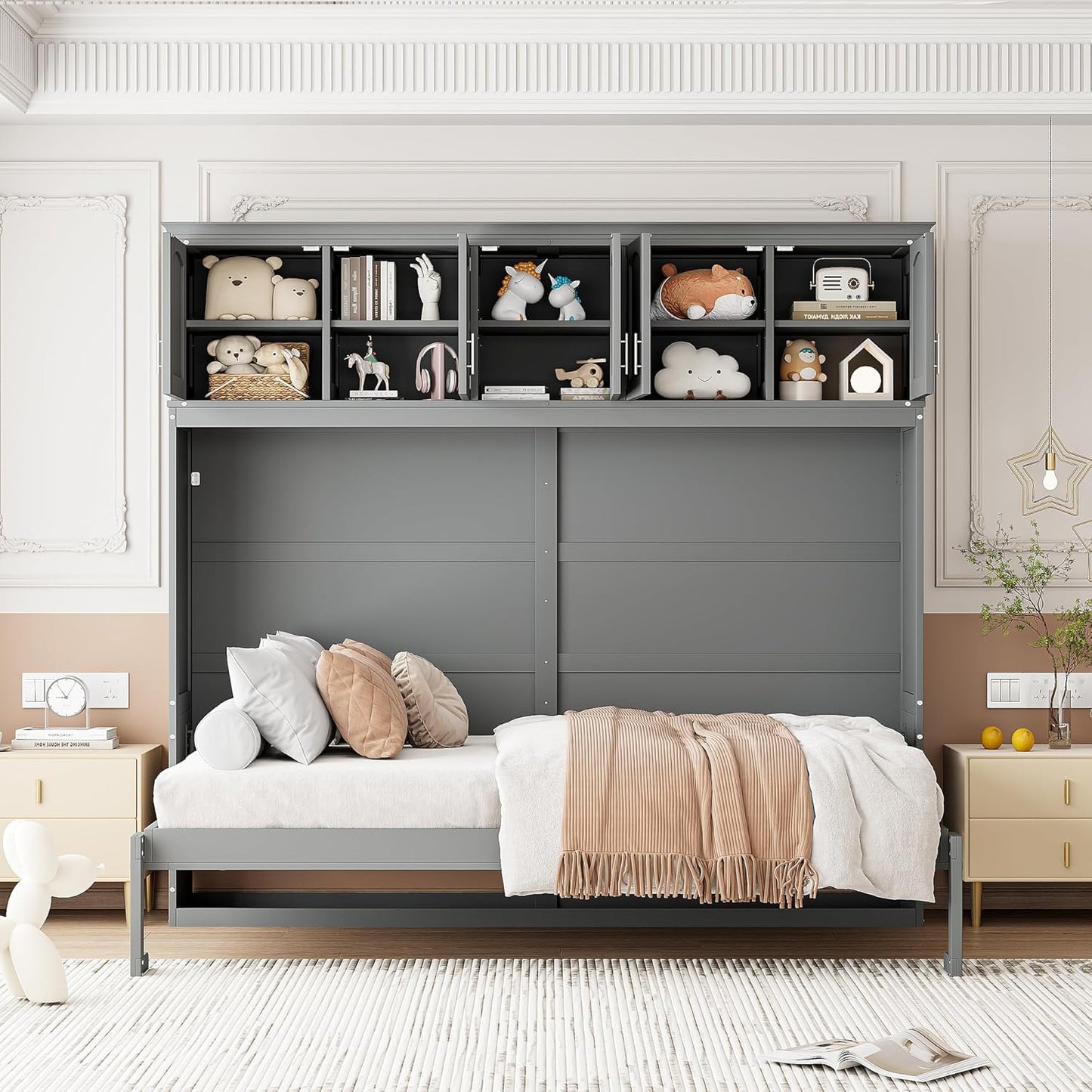MERITLINE Queen Horizontal Murphy Bed with Storage Cabinet,Wood Grey Murphy Wall Bed Queen Folding Adult Murphy Bed Queen Size
