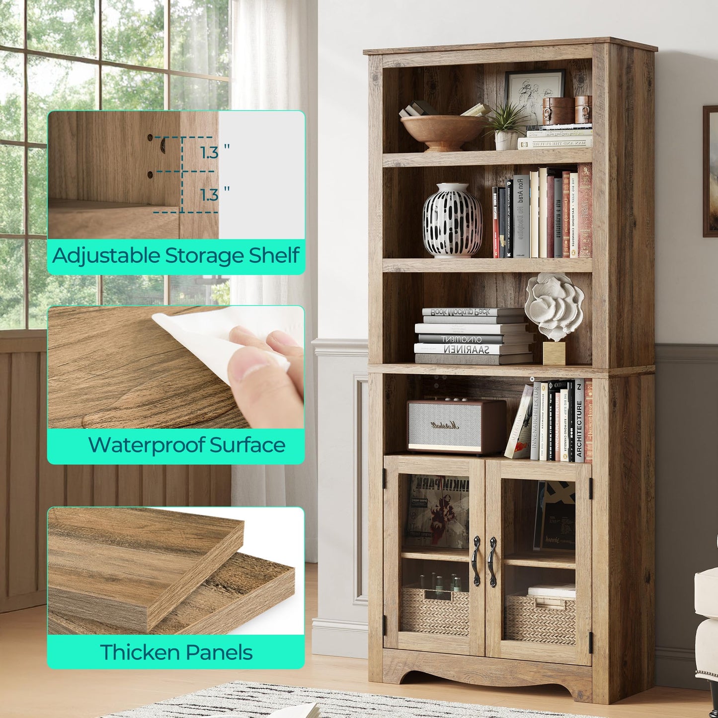 LINSY Bookshelf with Doors, 6 Shelf Bookcase Tall Bookshelves, 73" Farmhouse Book Shelf with Storage Cabinet, Wood Book Shelves for Living Room, Bedroom, Office, Rustic Brown